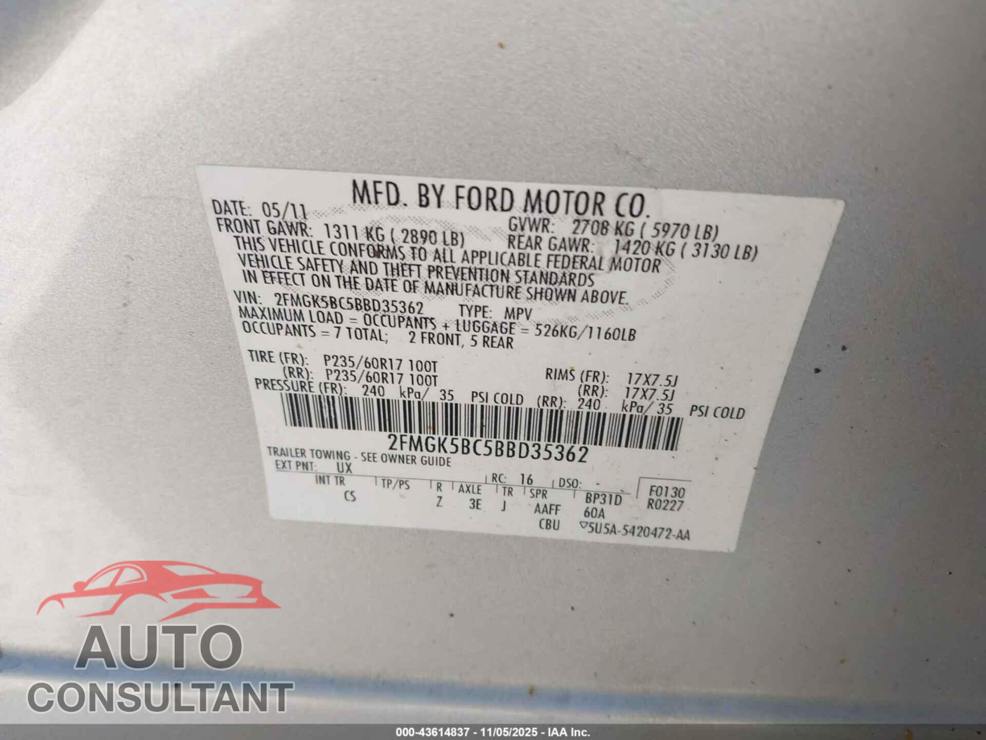 FORD FLEX 2011 - 2FMGK5BC5BBD35362