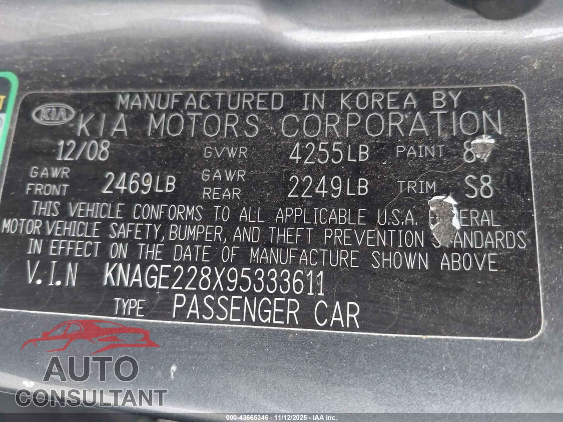 KIA OPTIMA 2009 - KNAGE228X95333611
