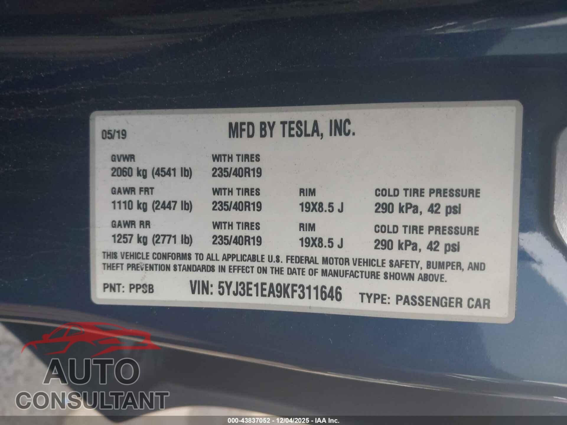 TESLA MODEL 3 2019 - 5YJ3E1EA9KF311646