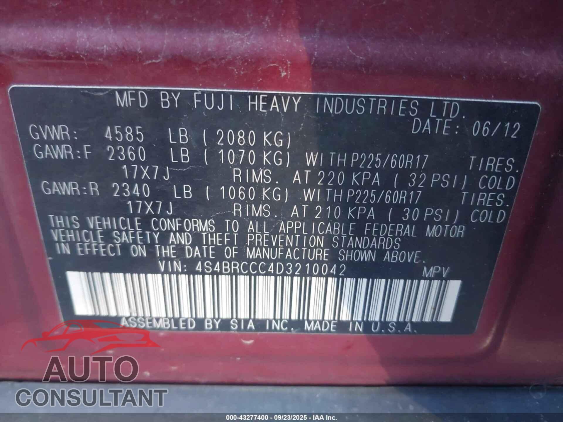 SUBARU OUTBACK 2013 - 4S4BRCCC4D3210042
