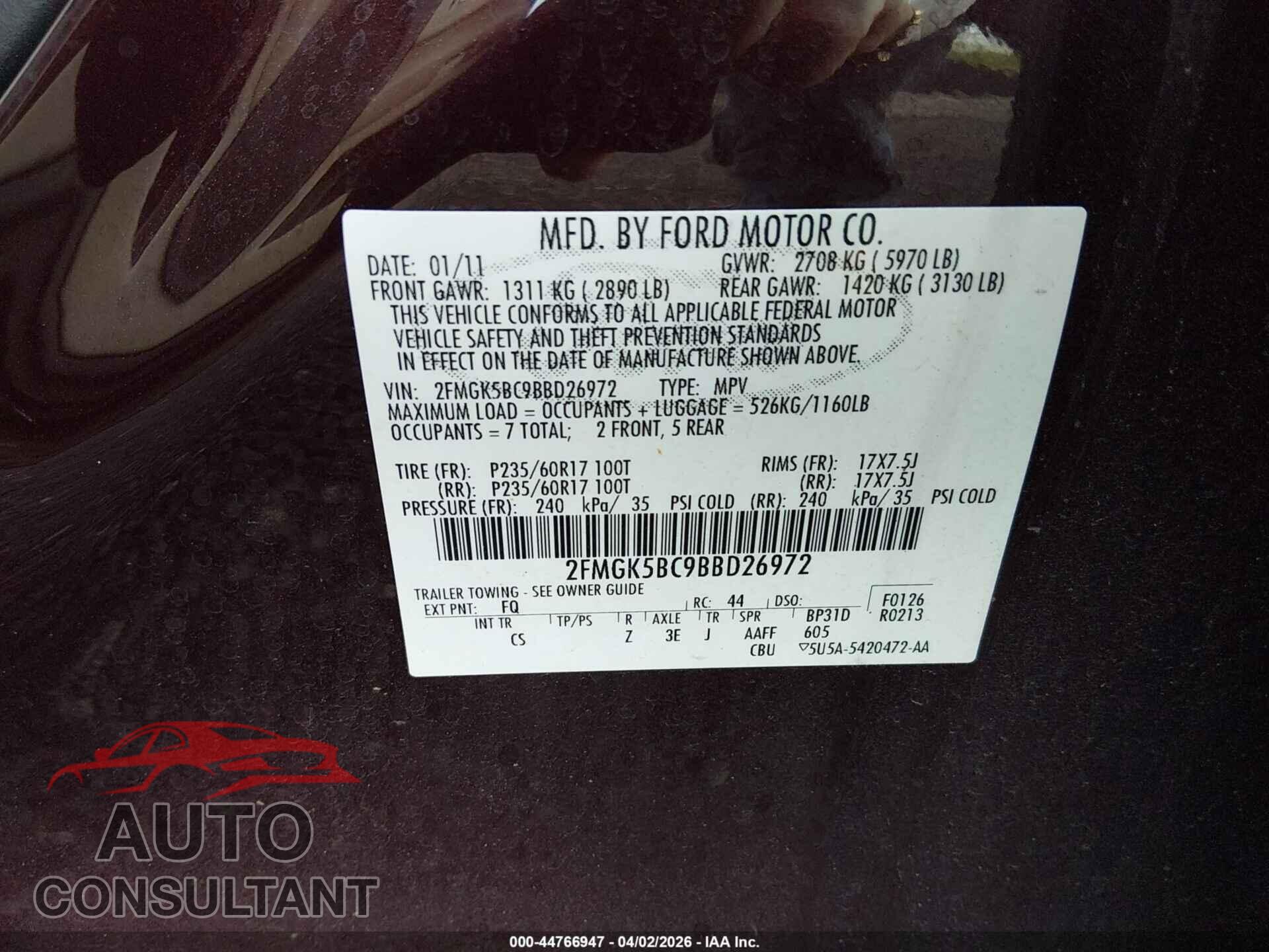 FORD FLEX 2011 - 2FMGK5BC9BBD26972