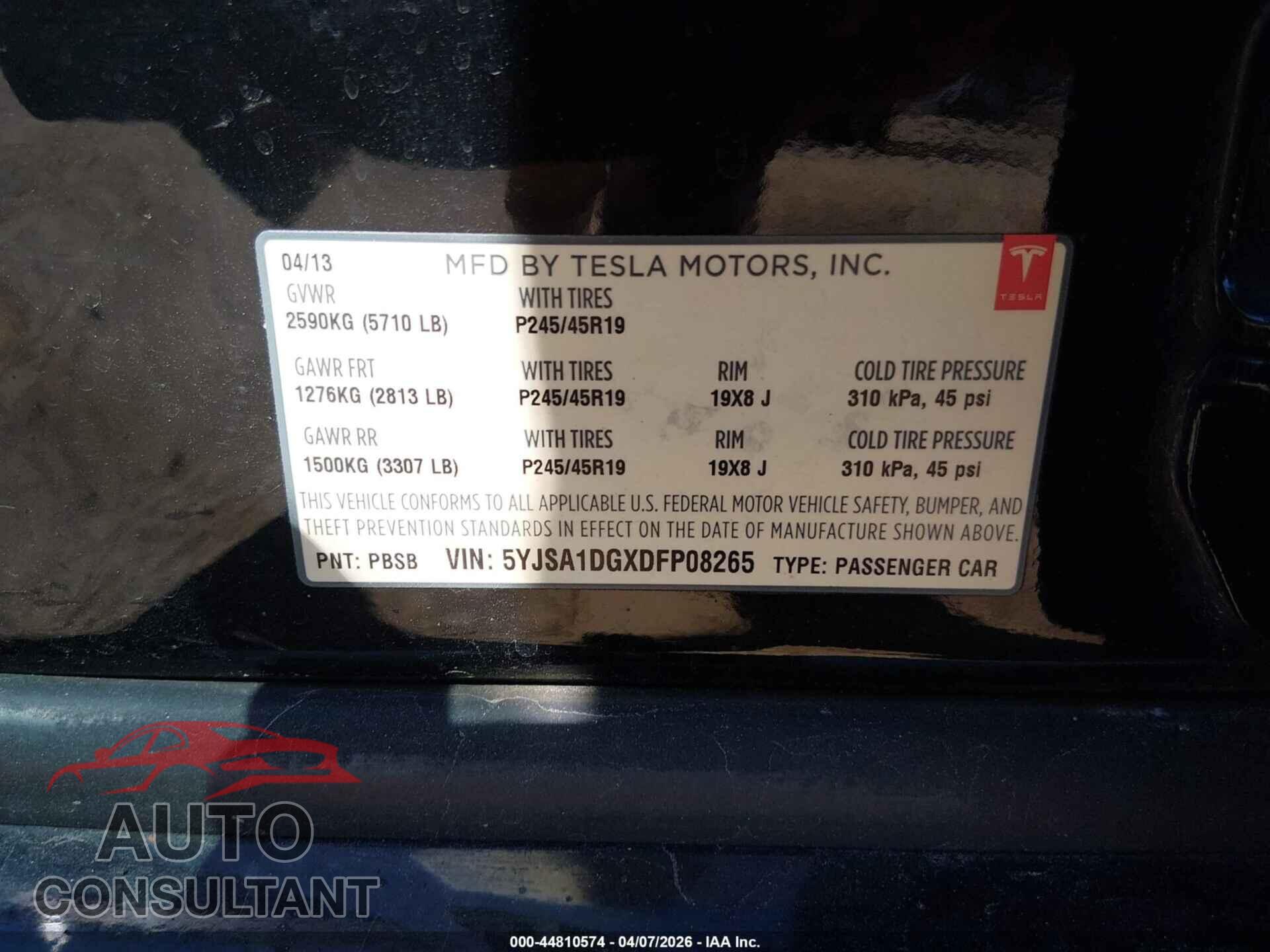 TESLA MODEL S 2013 - 5YJSA1DGXDFP08265