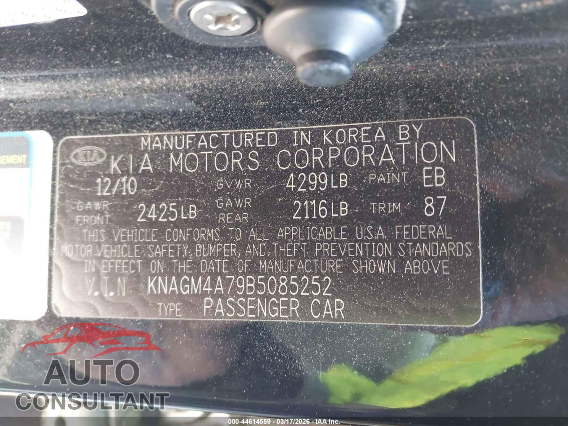 KIA OPTIMA 2011 - KNAGM4A79B5085252