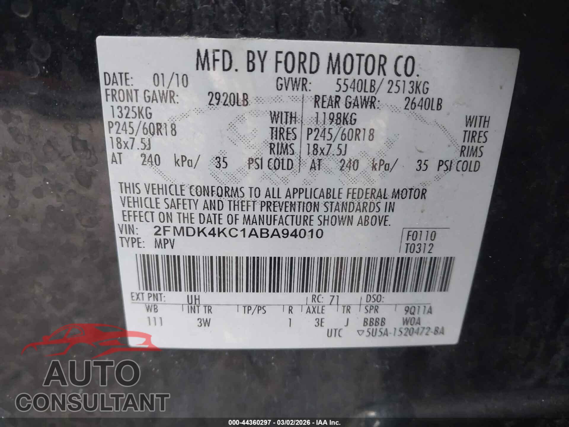 FORD EDGE 2010 - 2FMDK4KC1ABA94010