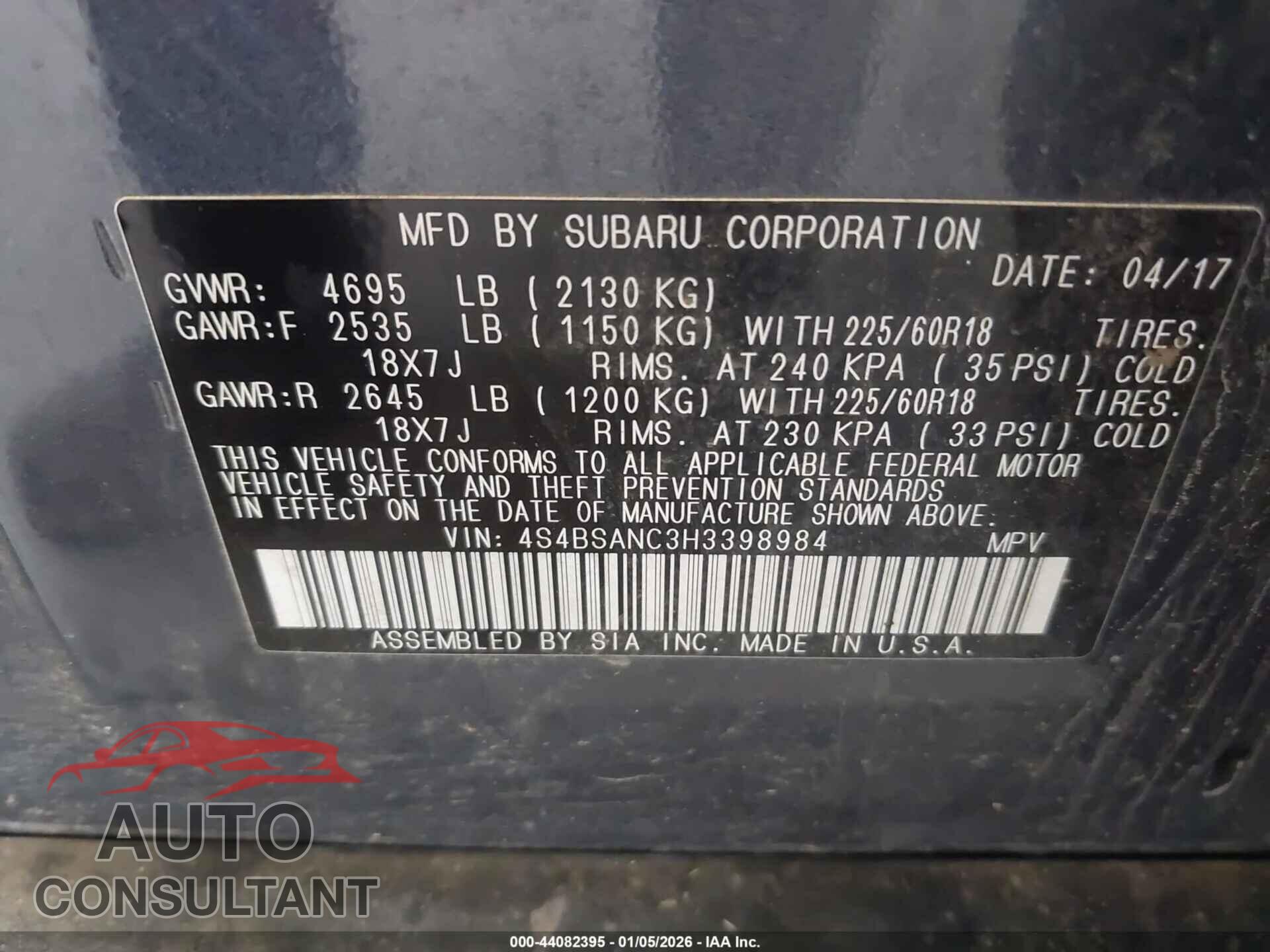SUBARU OUTBACK 2017 - 4S4BSANC3H3398984