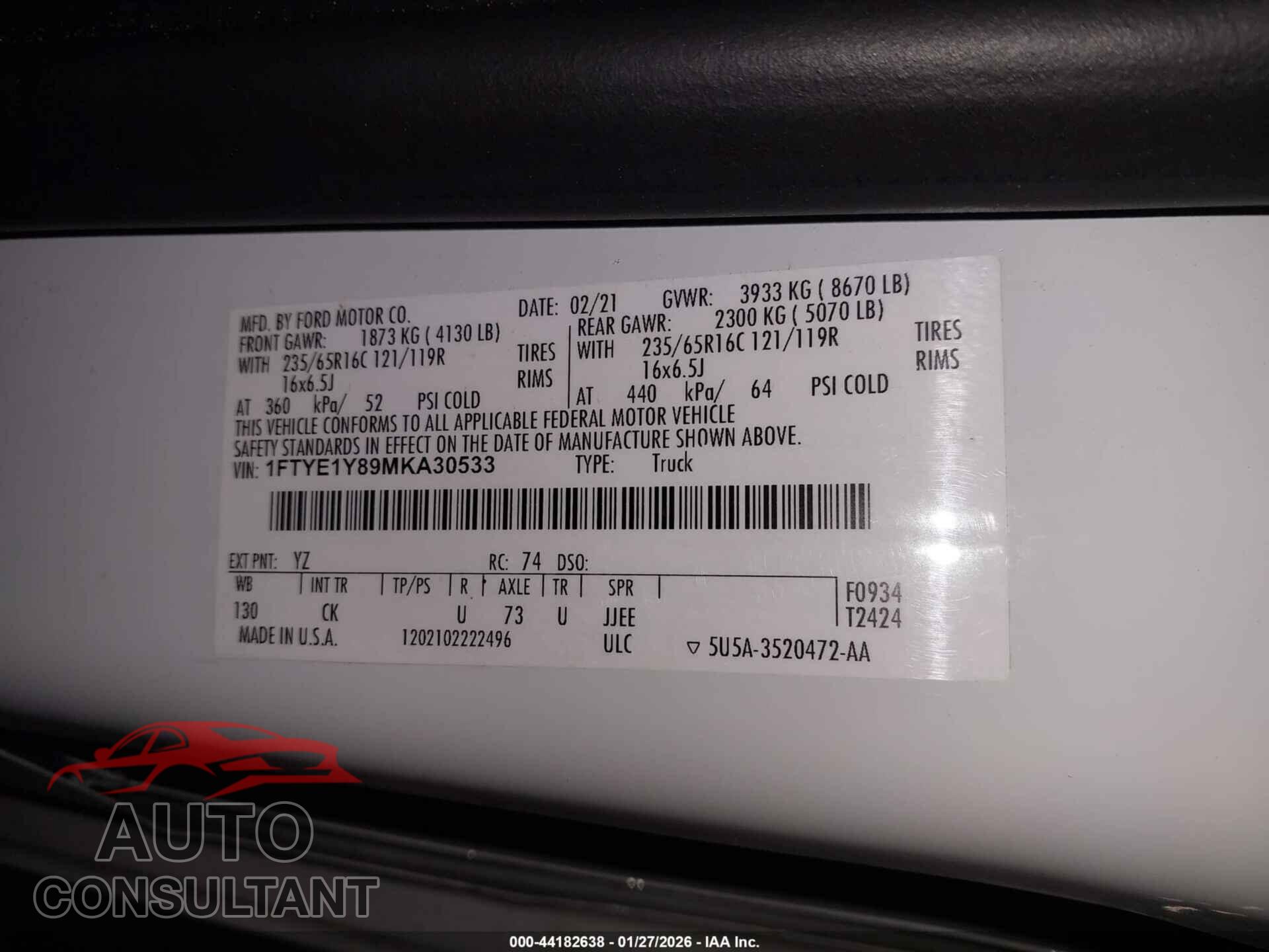 FORD TRANSIT-150 2021 - 1FTYE1Y89MKA30533