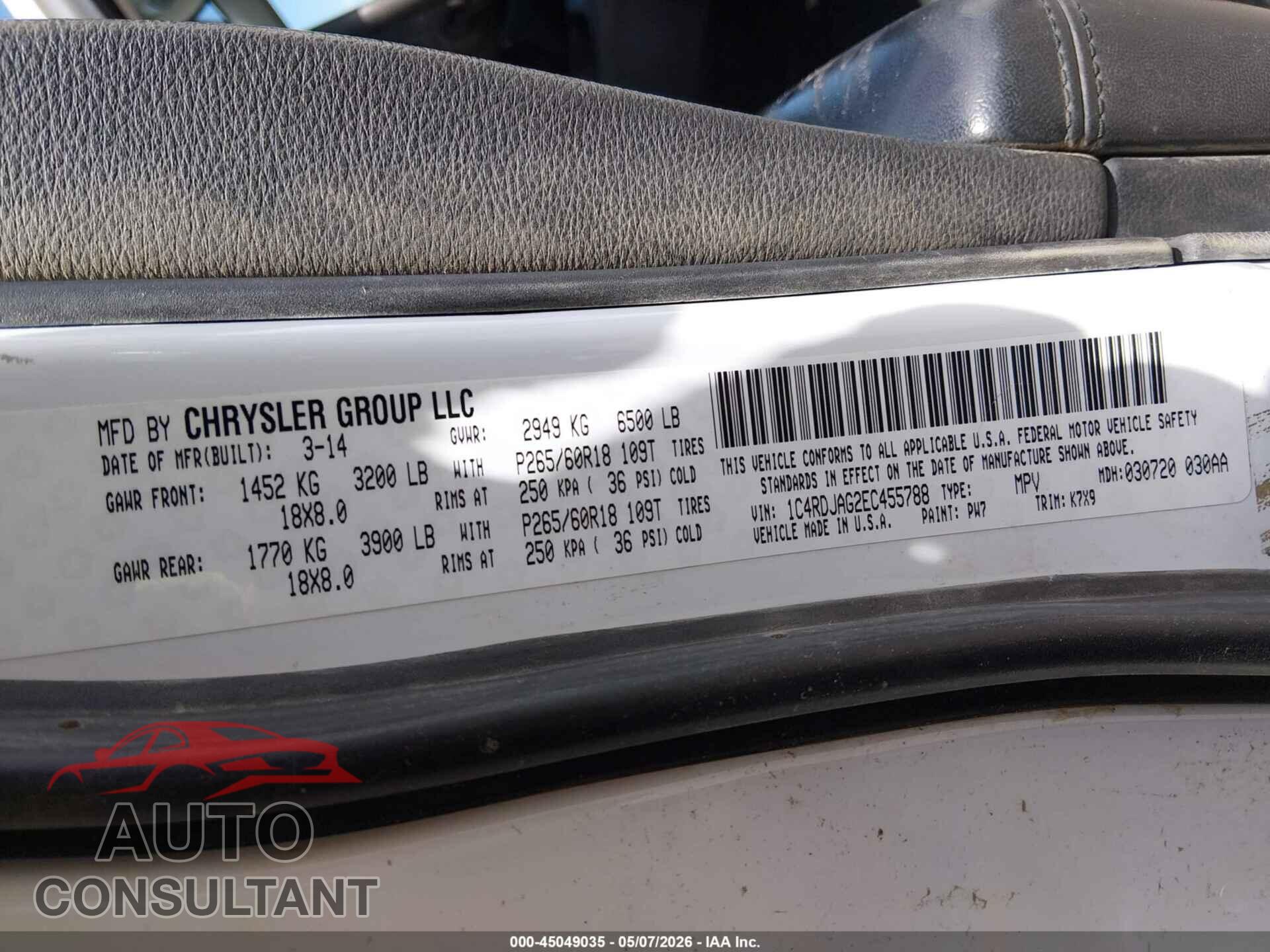 DODGE DURANGO 2014 - 1C4RDJAG2EC455788