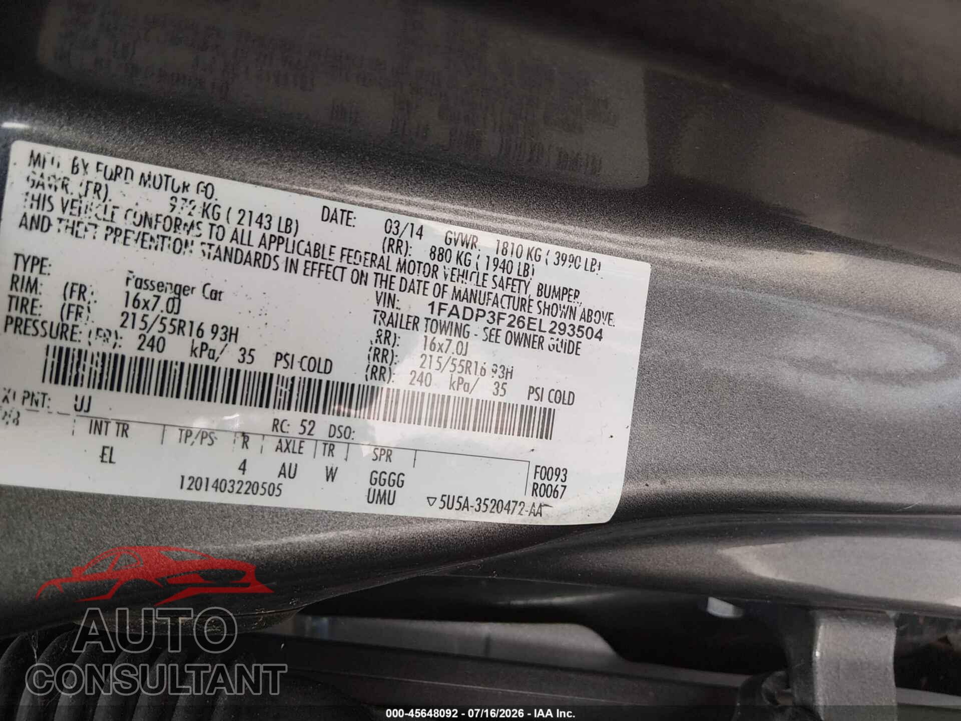 FORD FOCUS 2014 - 1FADP3F26EL293504