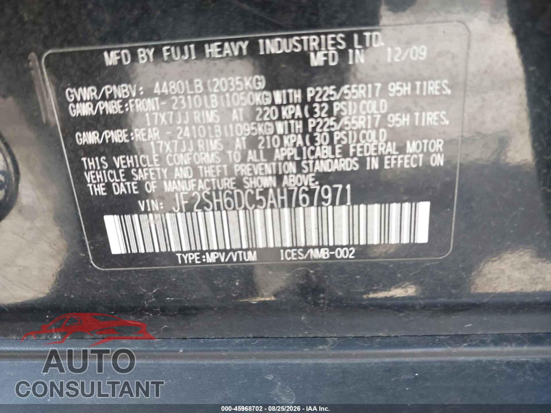 SUBARU FORESTER 2010 - JF2SH6DC5AH767971