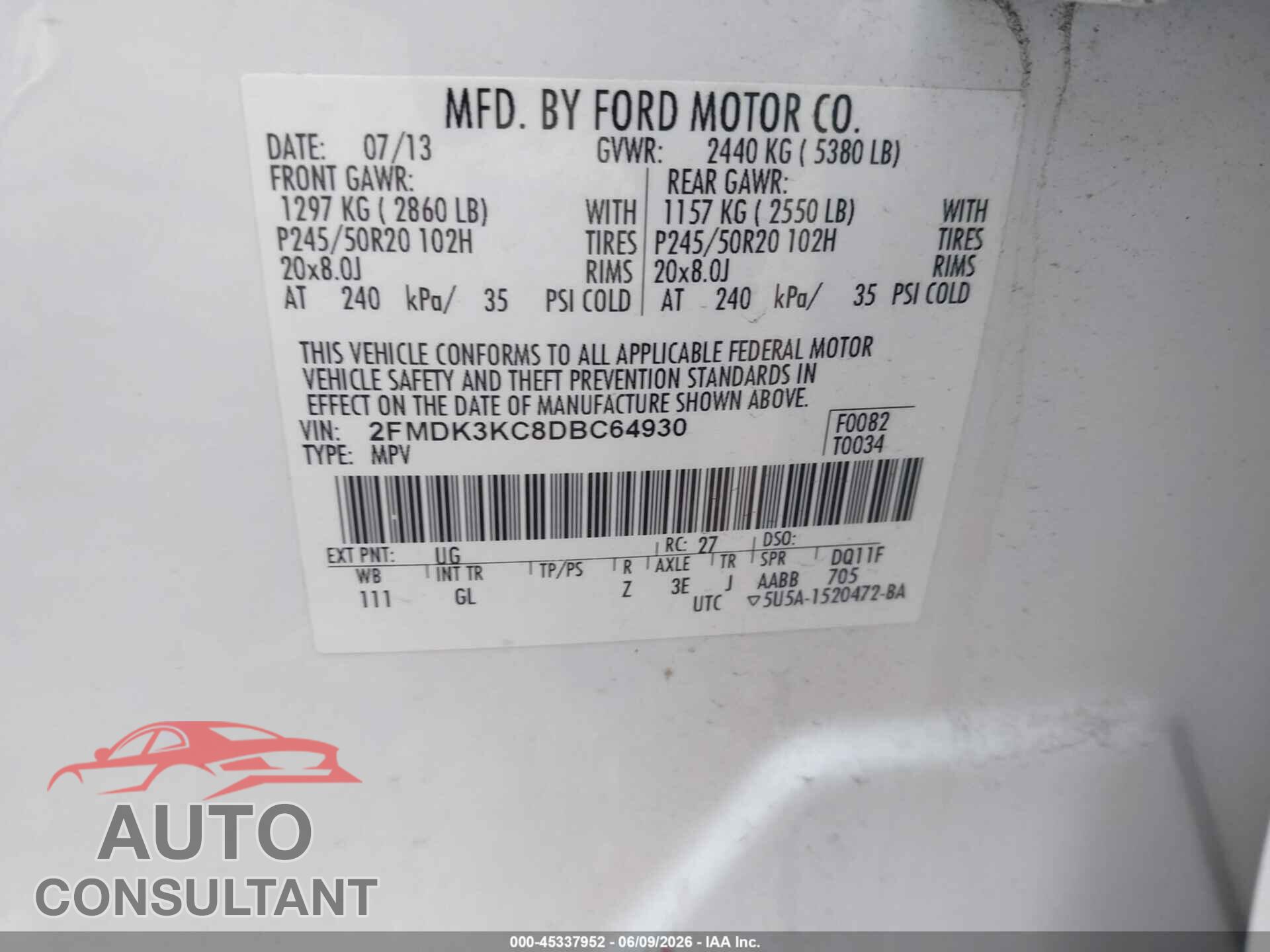 FORD EDGE 2013 - 2FMDK3KC8DBC64930