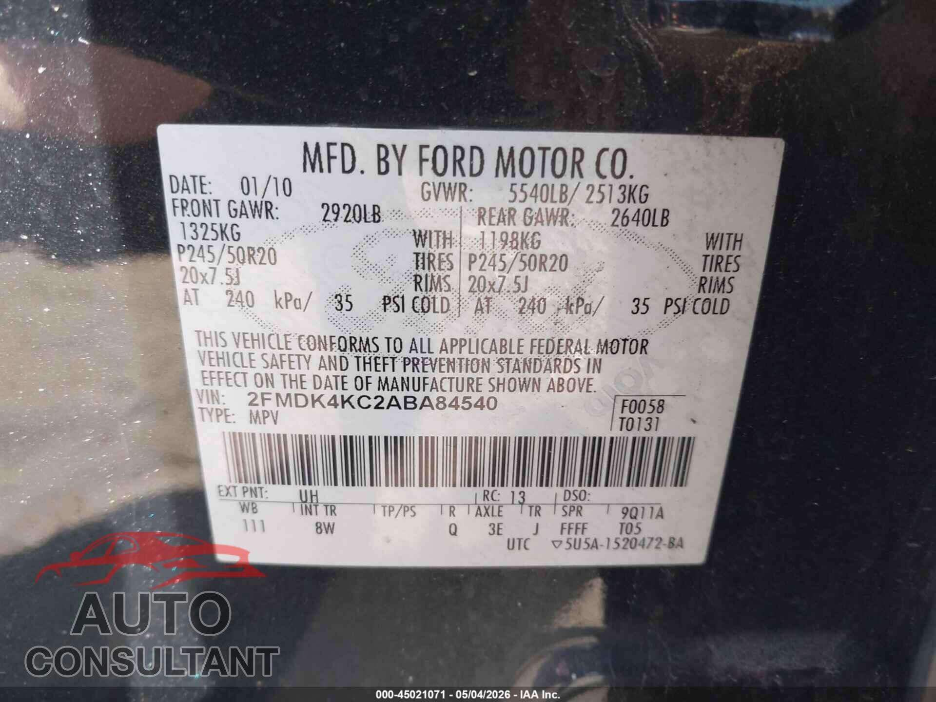 FORD EDGE 2010 - 2FMDK4KC2ABA84540