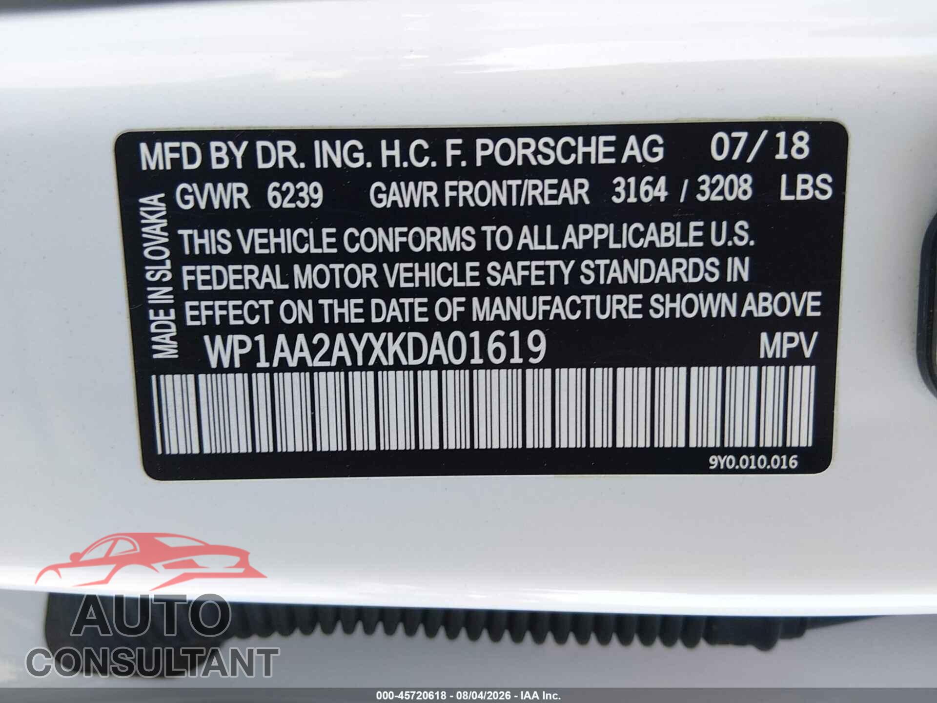 PORSCHE CAYENNE 2019 - WP1AA2AYXKDA01619