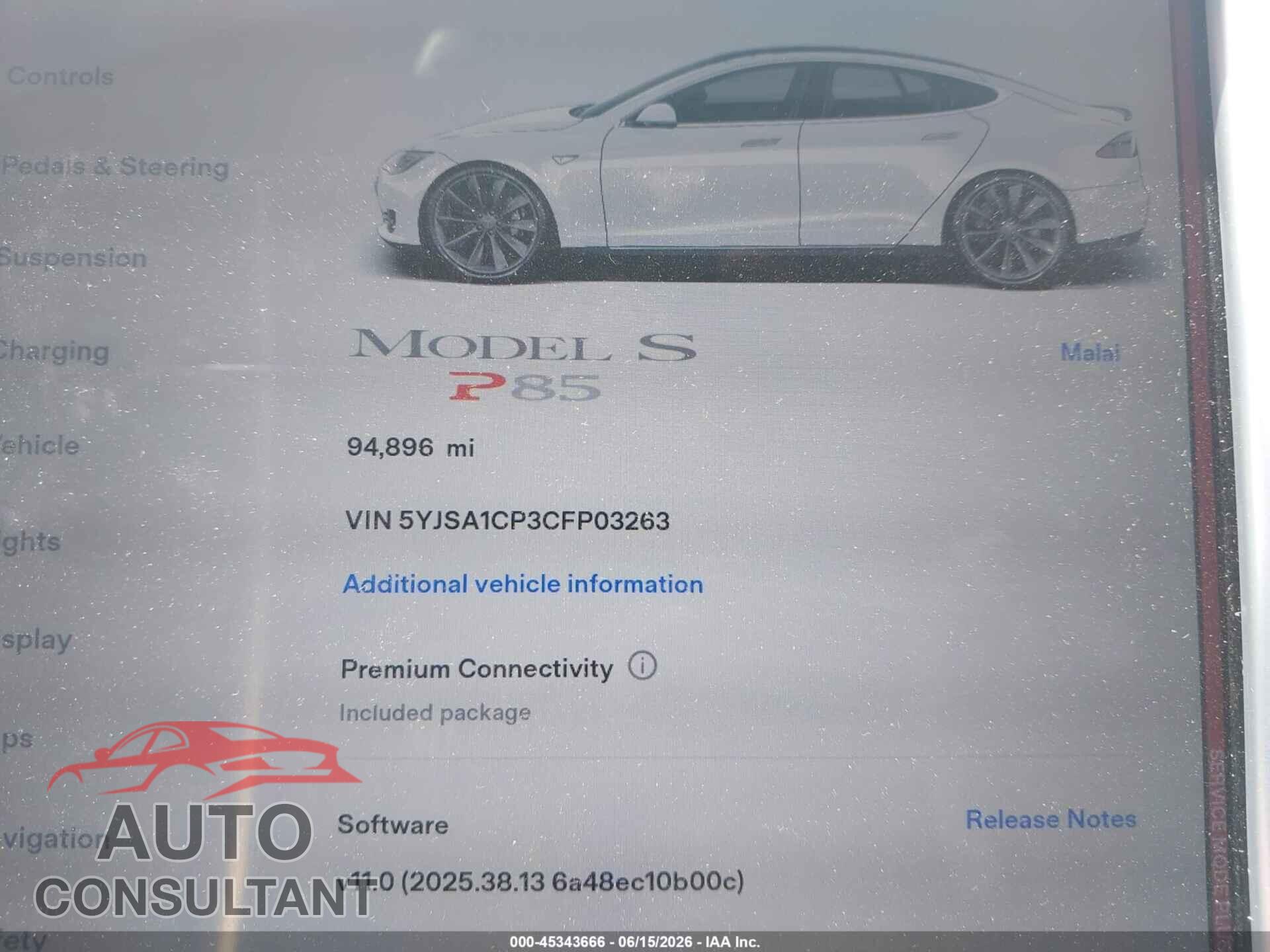 TESLA MODEL S 2012 - 5YJSA1CP3CFP03263