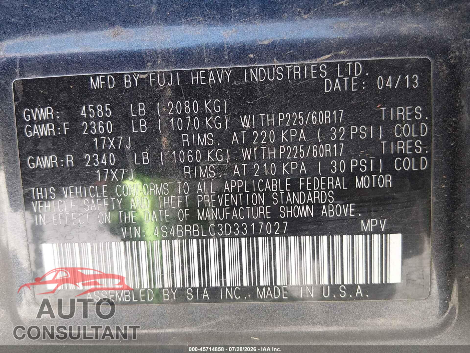 SUBARU OUTBACK 2013 - 4S4BRBLC3D3317027