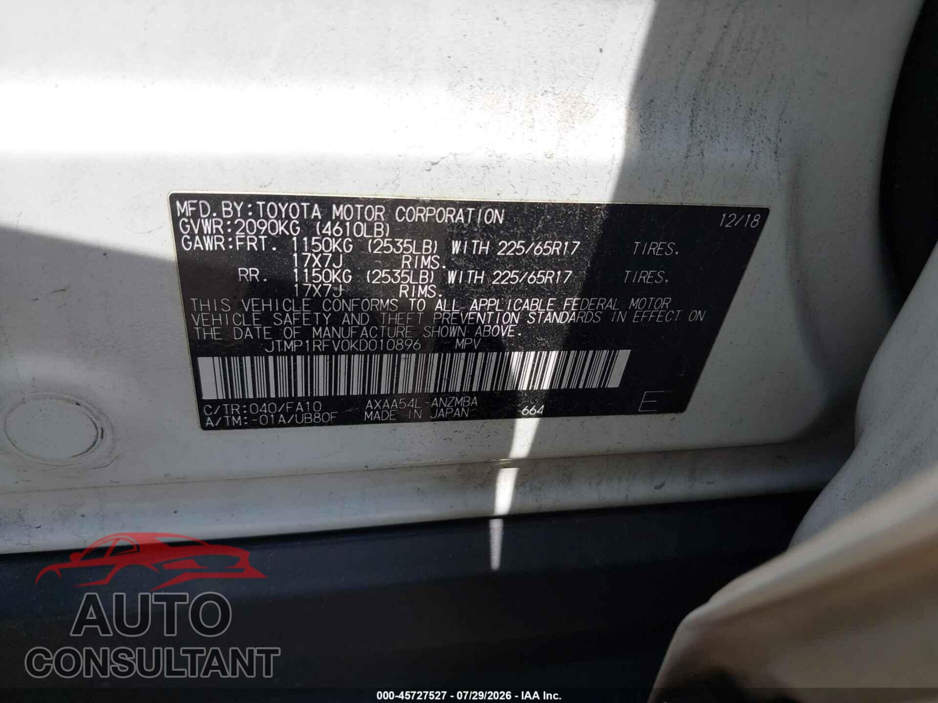 TOYOTA RAV4 2019 - JTMP1RFV0KD010896