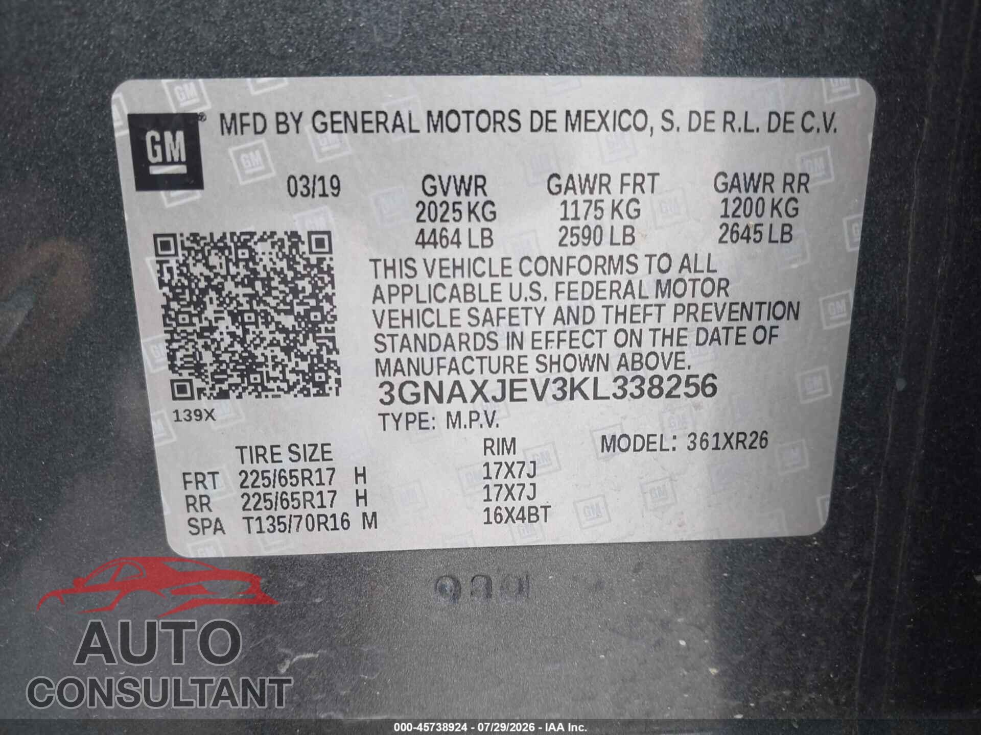 CHEVROLET EQUINOX 2019 - 3GNAXJEV3KL338256