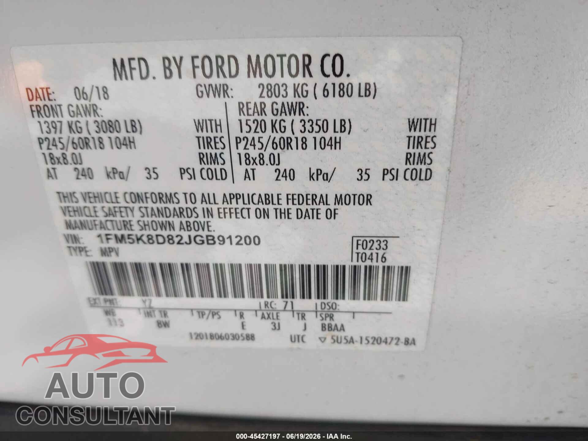 FORD EXPLORER 2018 - 1FM5K8D82JGB91200