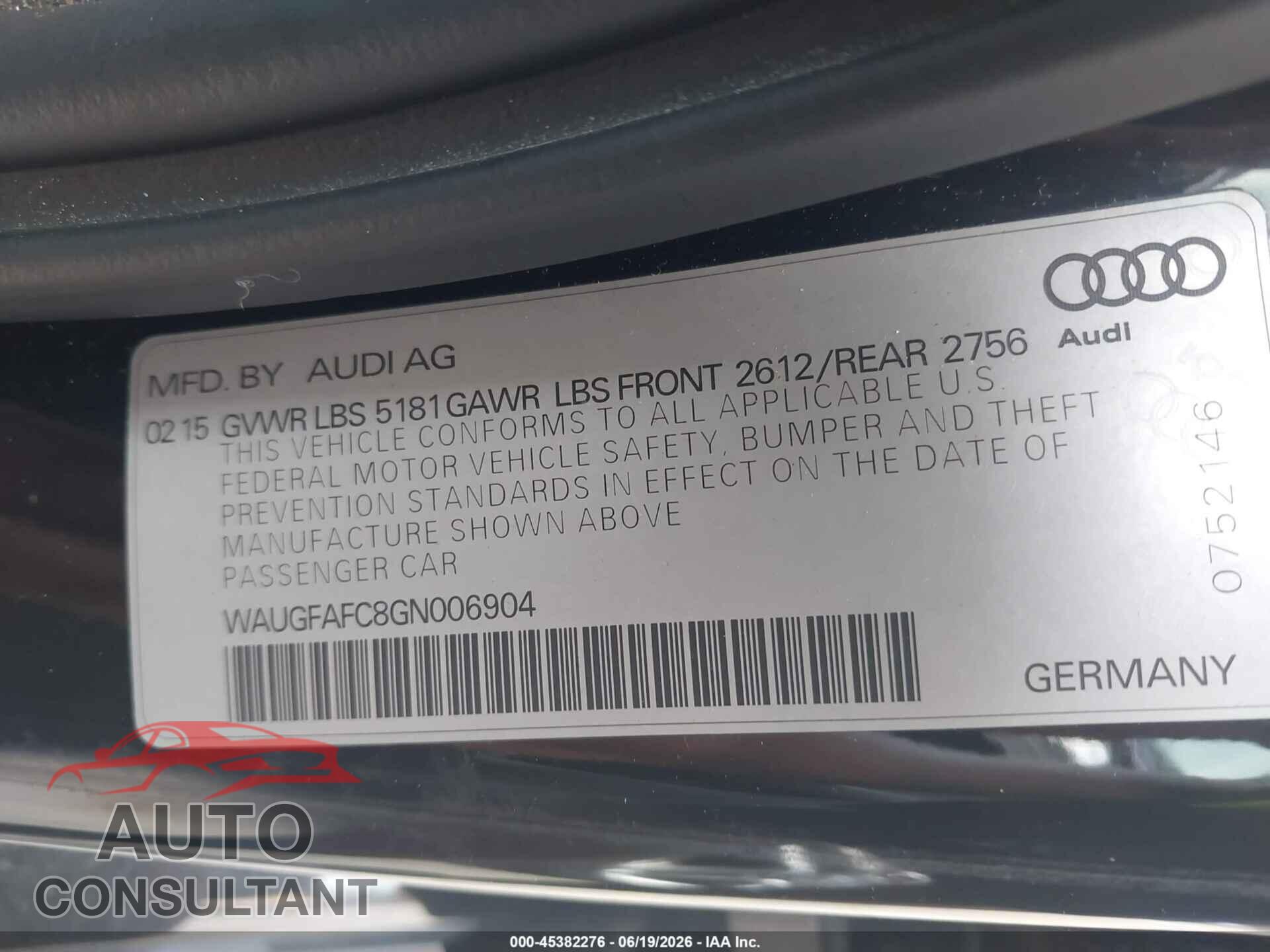 AUDI A6 2016 - WAUGFAFC8GN006904