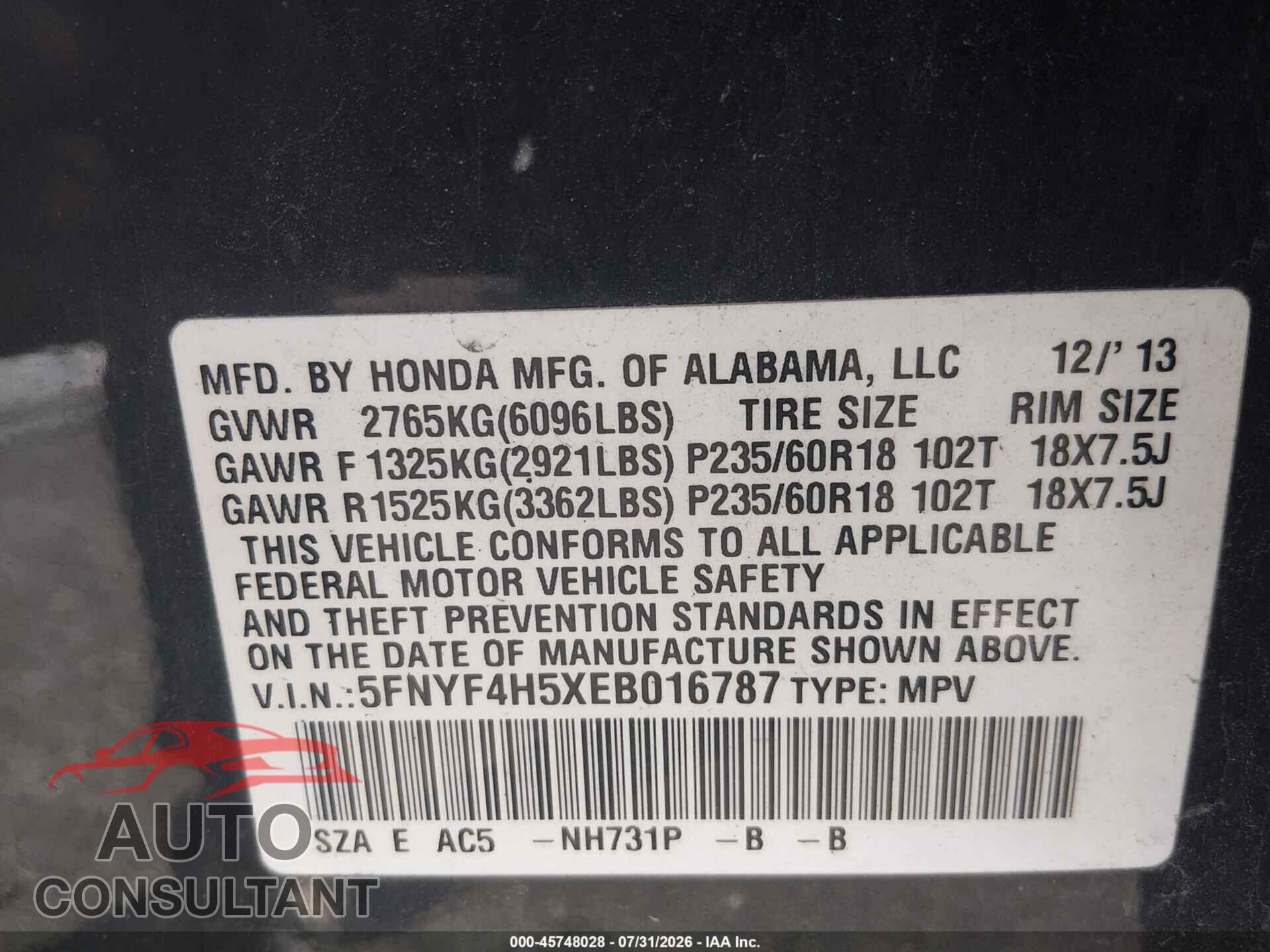 HONDA PILOT 2014 - 5FNYF4H5XEB016787