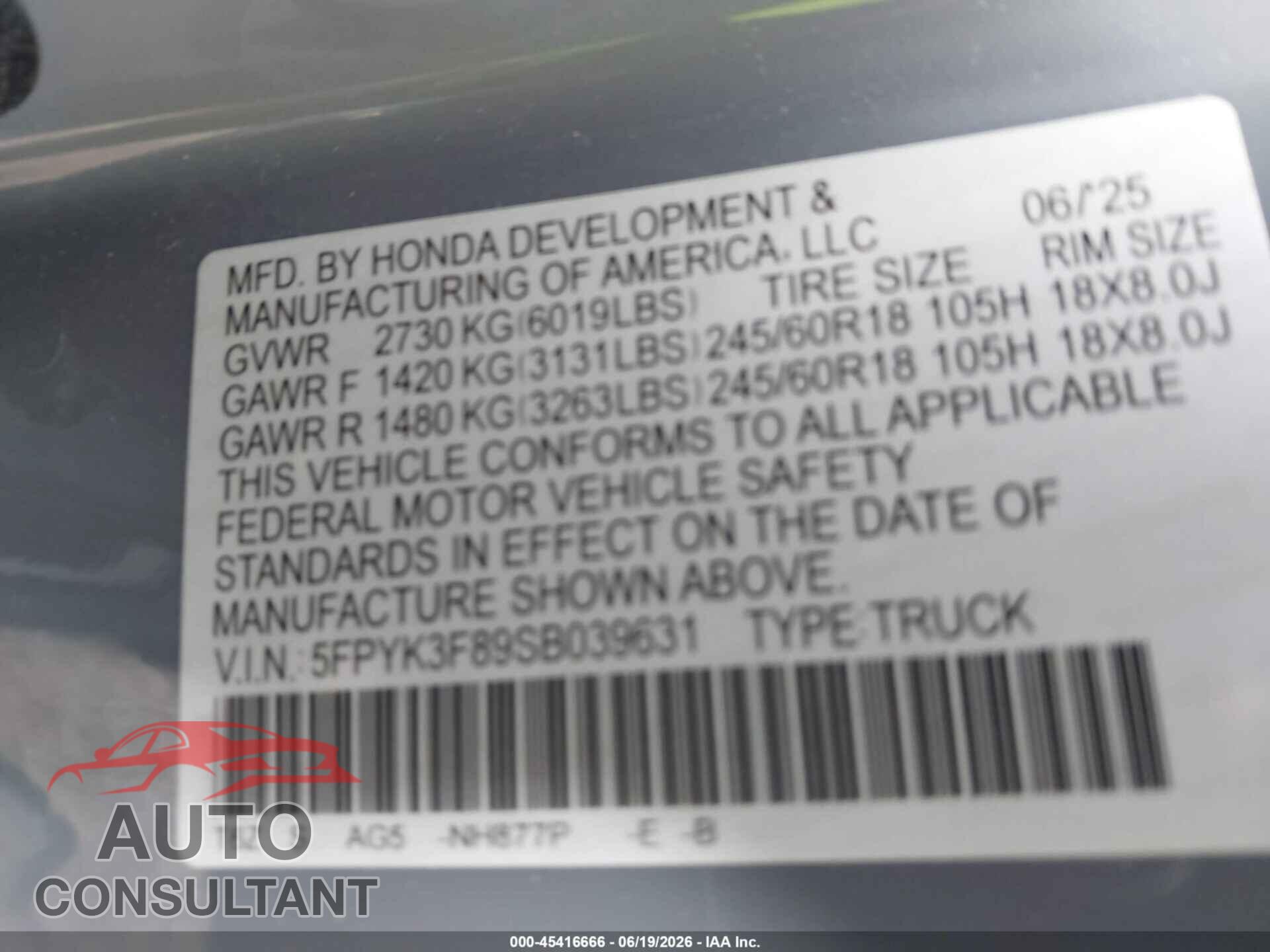 HONDA RIDGELINE 2025 - 5FPYK3F89SB039631