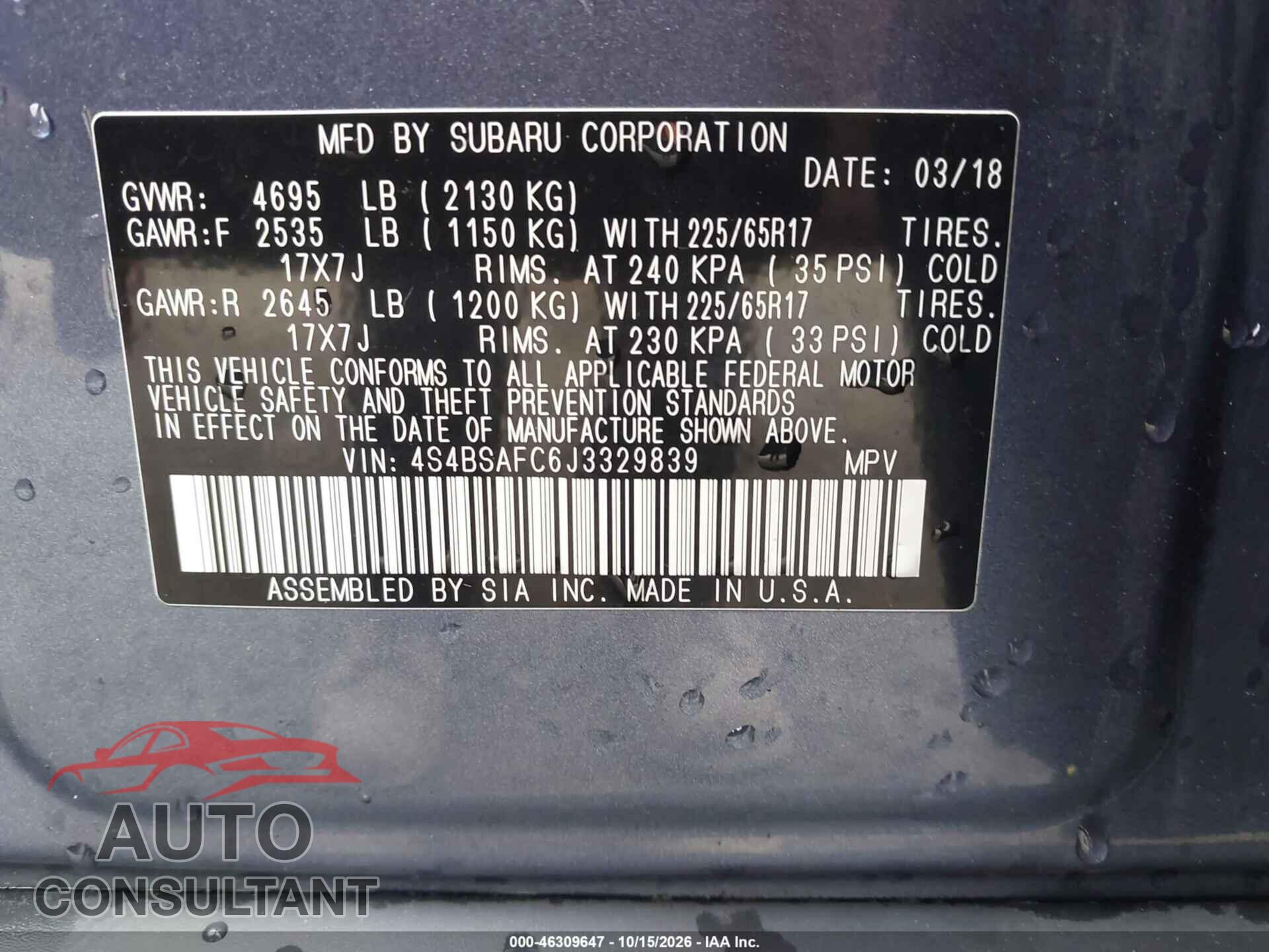SUBARU OUTBACK 2018 - 4S4BSAFC6J3329839