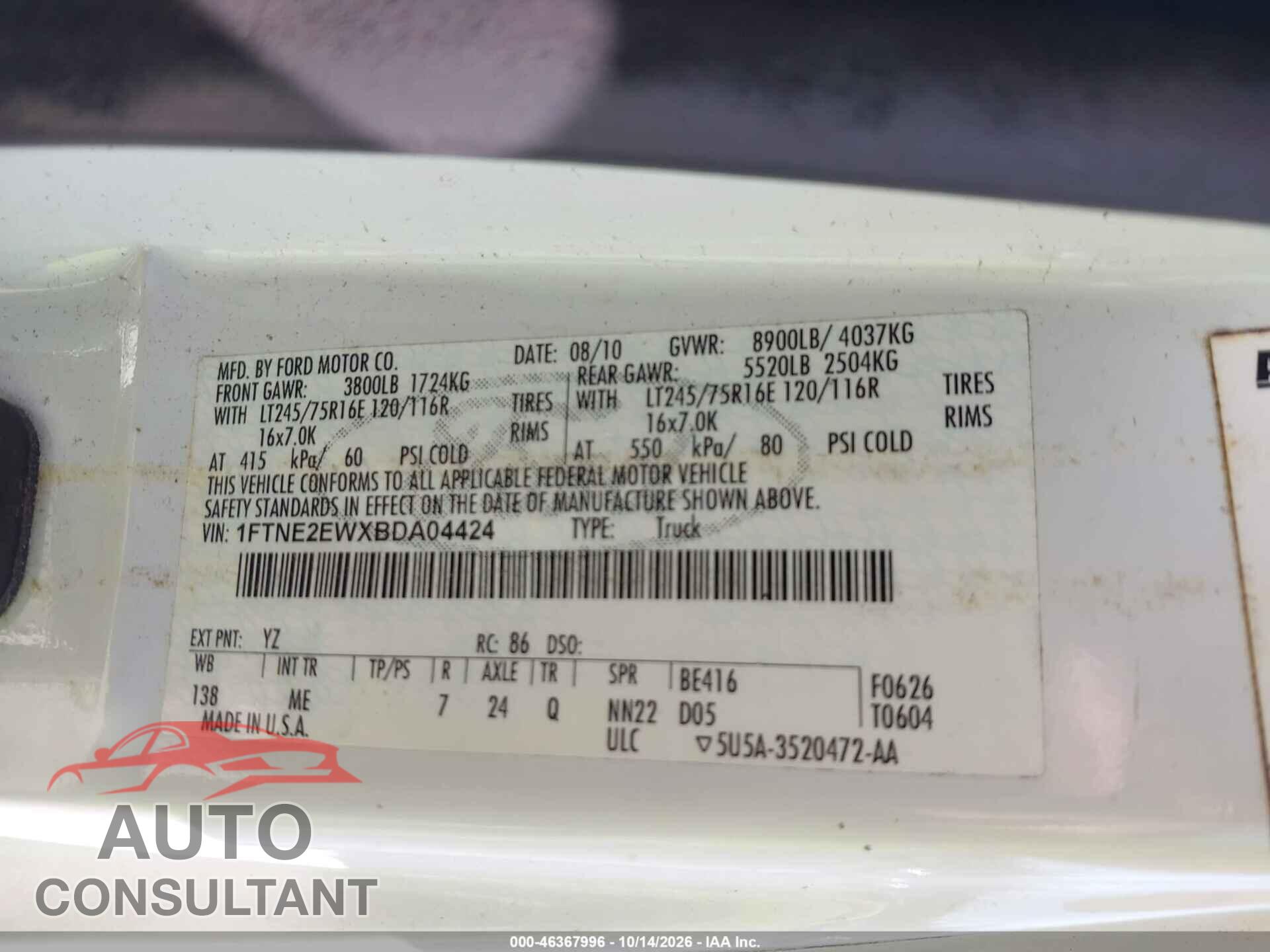 FORD E-250 2011 - 1FTNE2EWXBDA04424