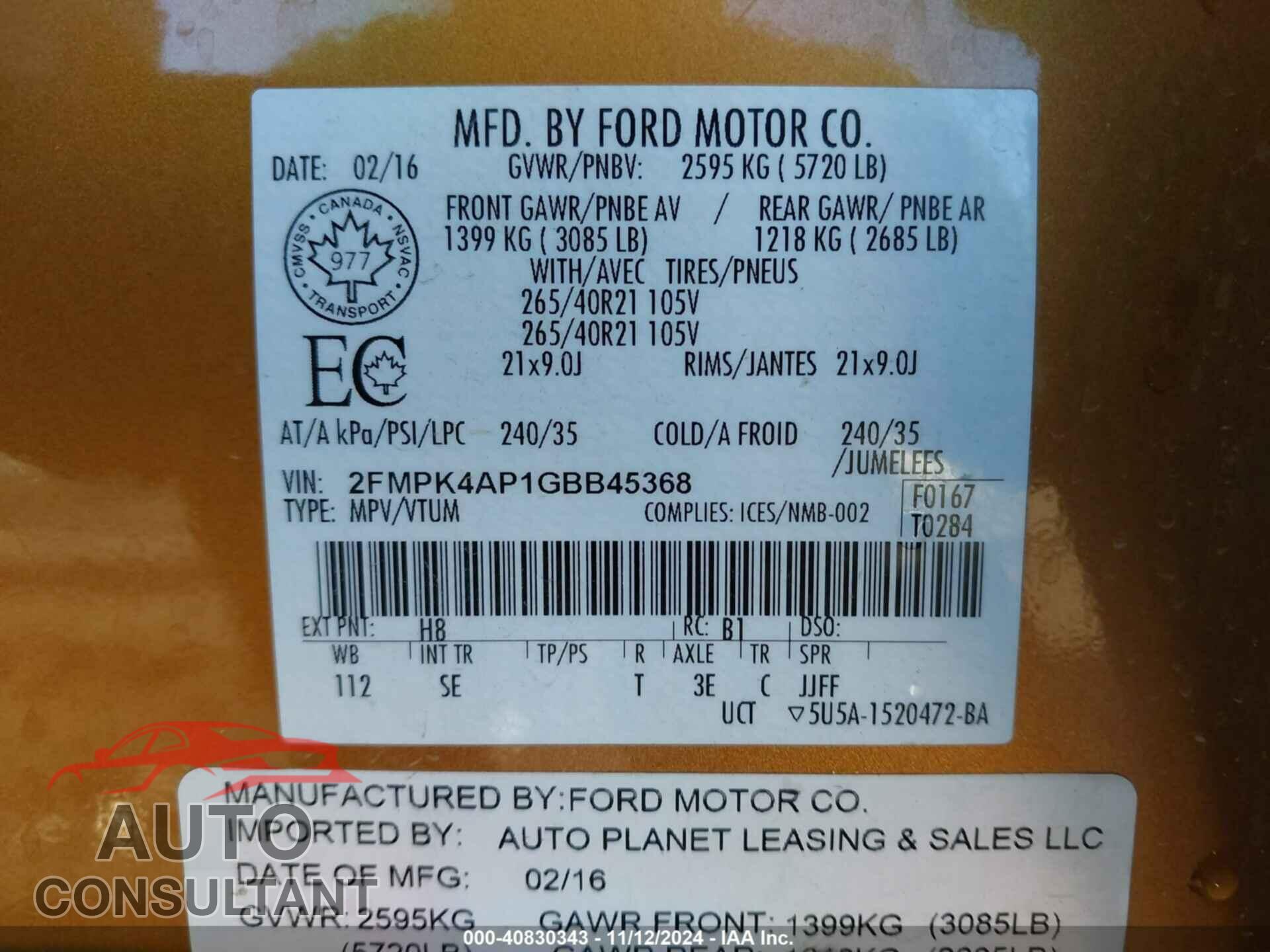 FORD EDGE 2016 - 2FMPK4AP1GBB45368