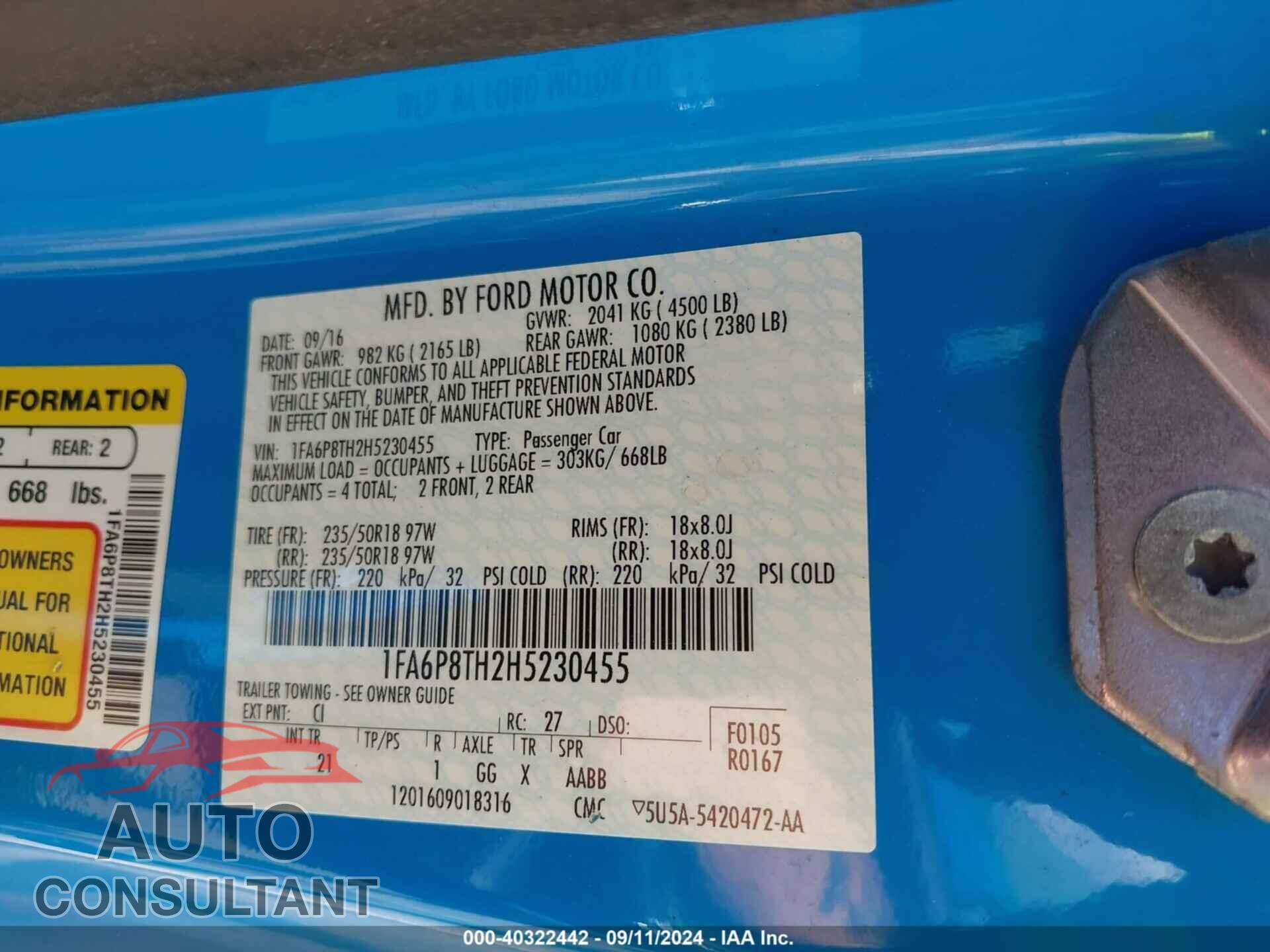 FORD MUSTANG 2017 - 1FA6P8TH2H5230455
