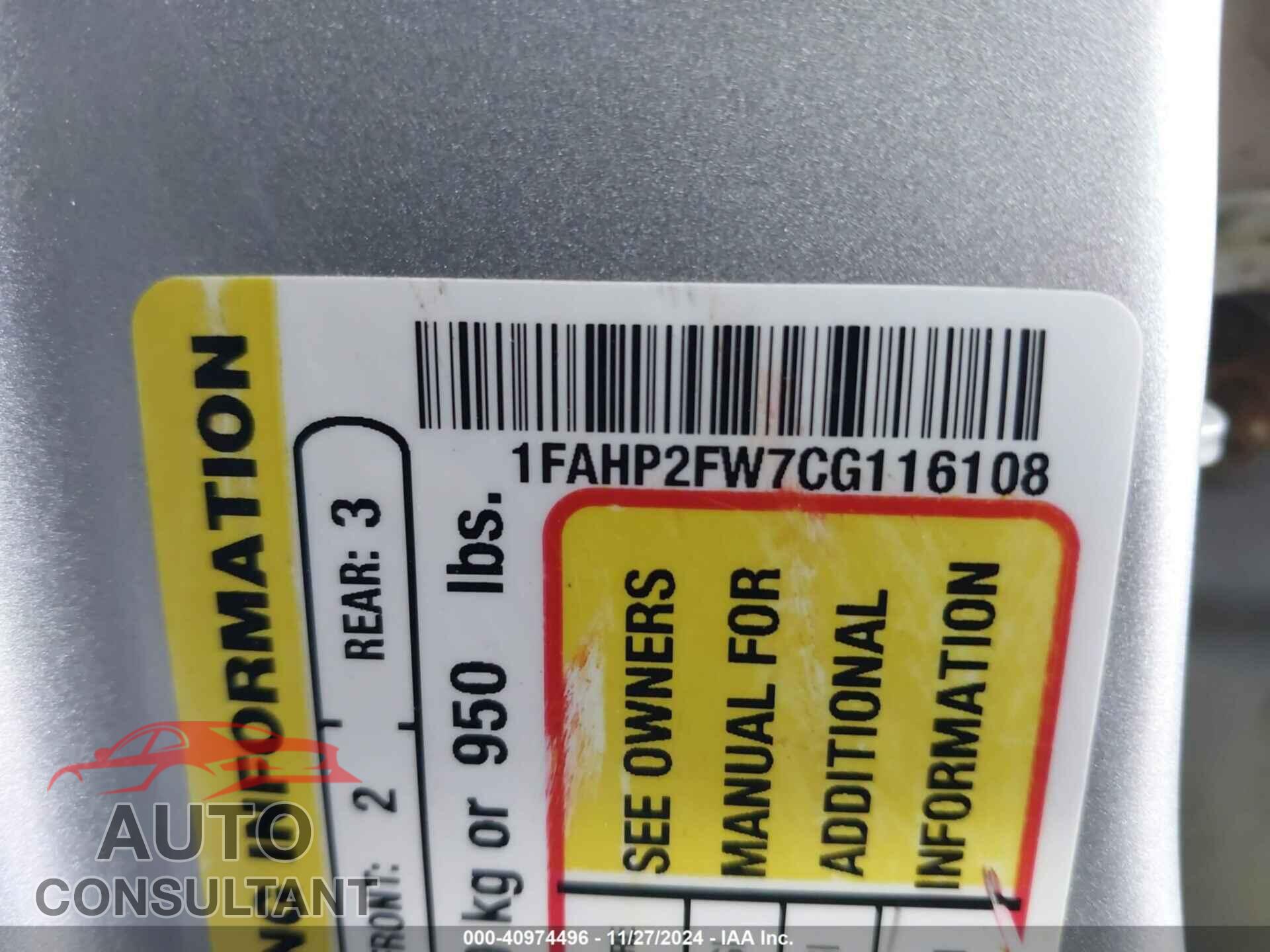 FORD TAURUS 2012 - 1FAHP2FW7CG116108