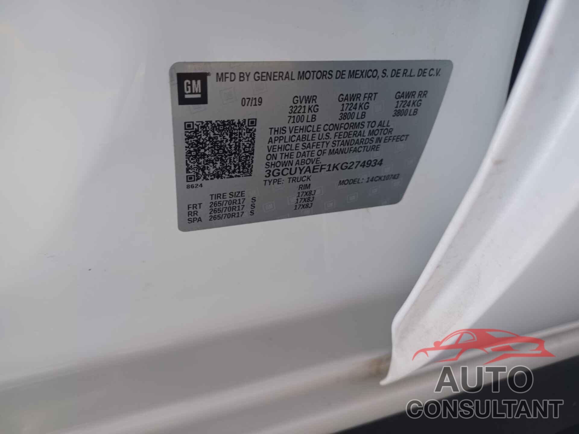 CHEVROLET SILVERADO 1500 2019 - 3GCUYAEF1KG274934