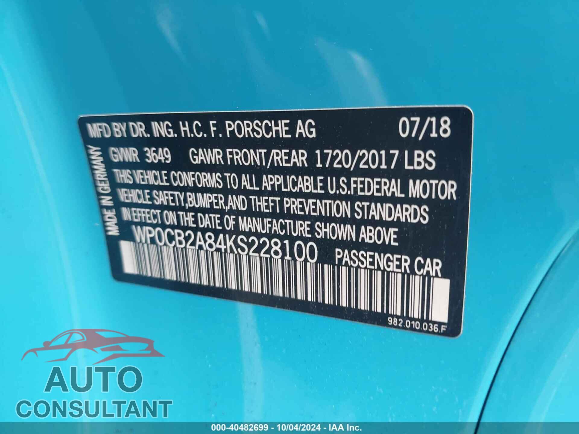 PORSCHE BOXSTER 2019 - WP0CB2A84KS228100
