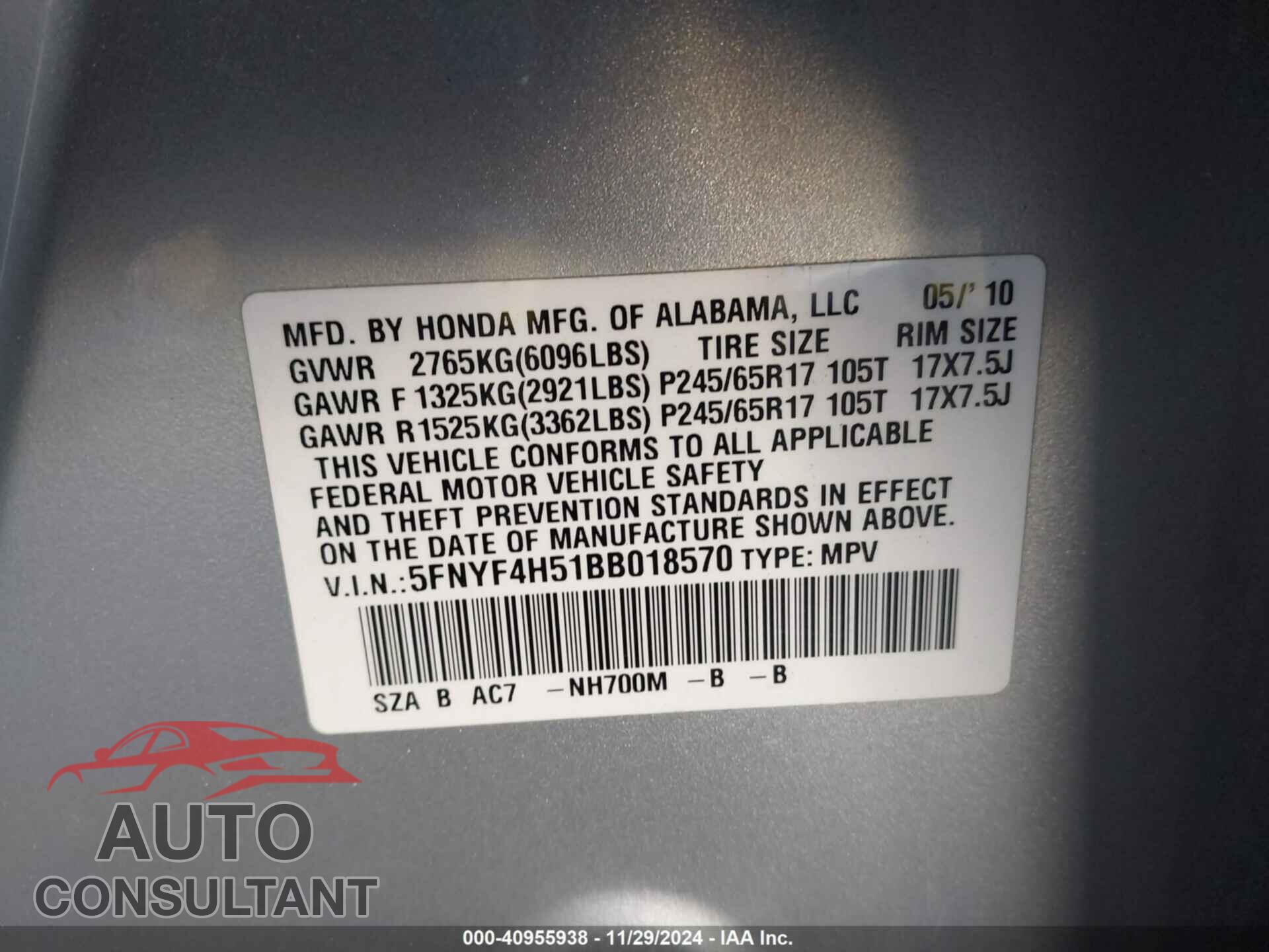 HONDA PILOT 2011 - 5FNYF4H51BB018570