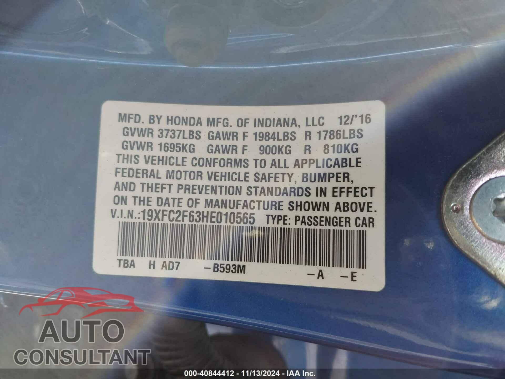 HONDA CIVIC 2017 - 19XFC2F63HE010565