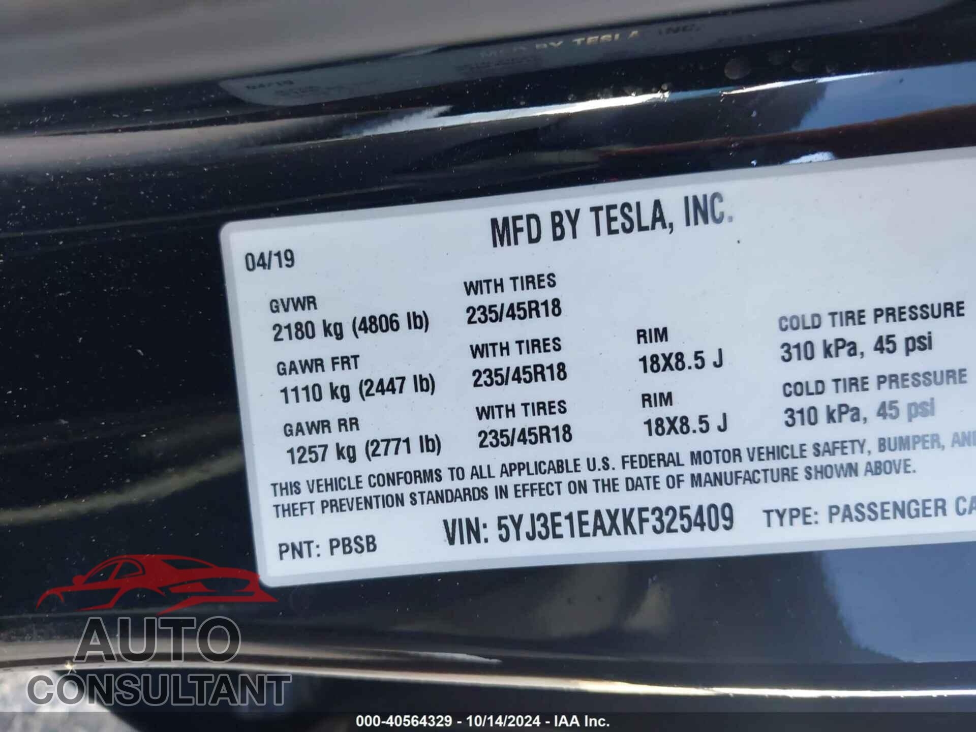 TESLA MODEL 3 2019 - 5YJ3E1EAXKF325409