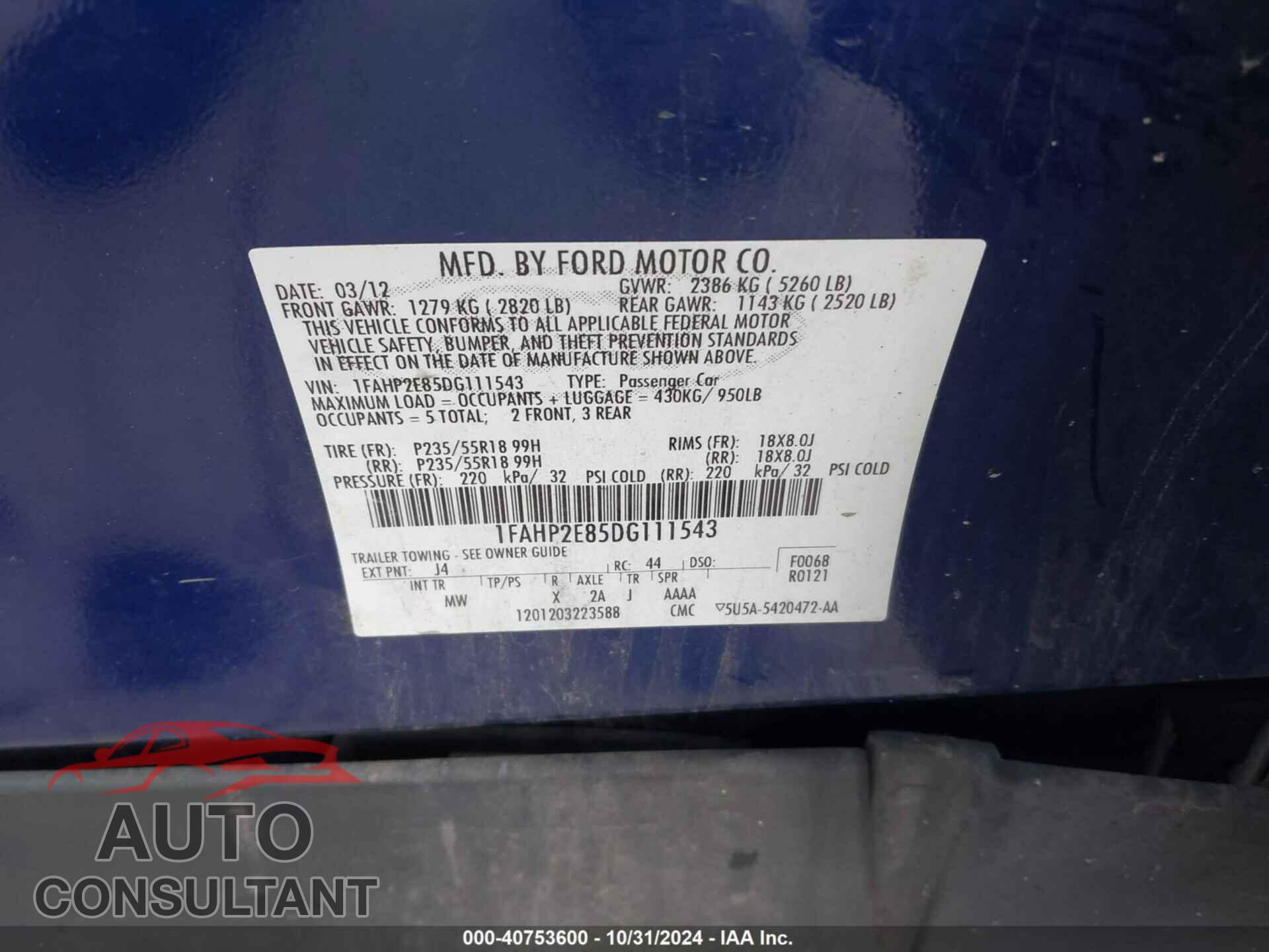 FORD TAURUS 2013 - 1FAHP2E85DG111543