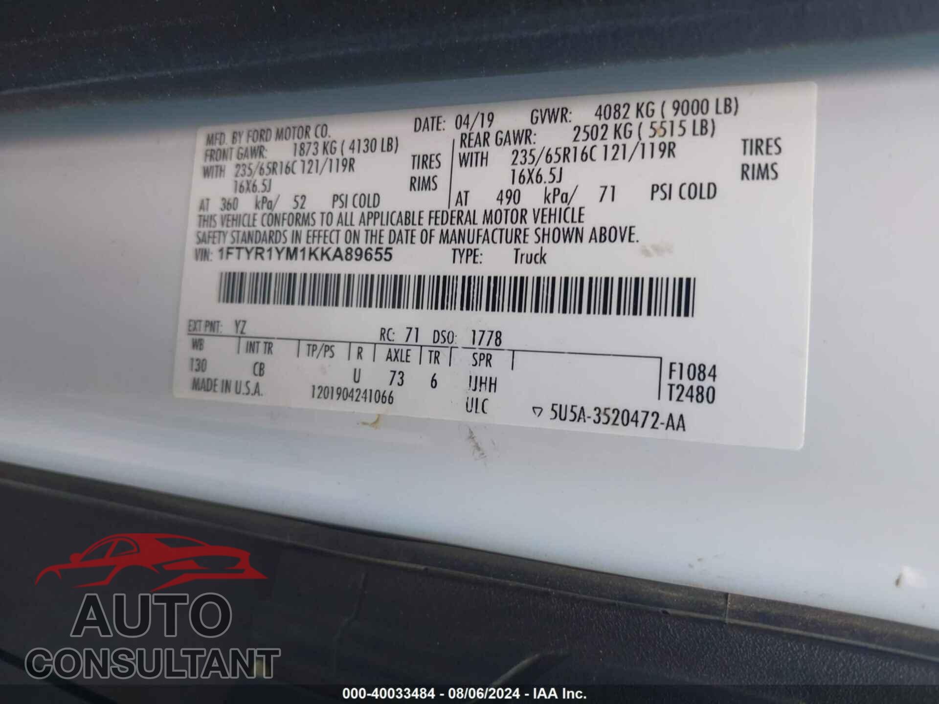 FORD TRANSIT-250 2019 - 1FTYR1YM1KKA89655