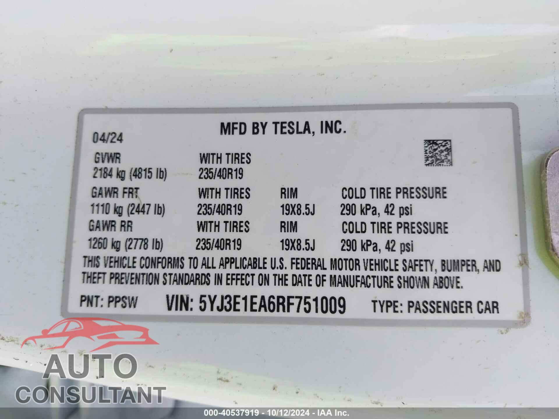 TESLA MODEL 3 2024 - 5YJ3E1EA6RF751009