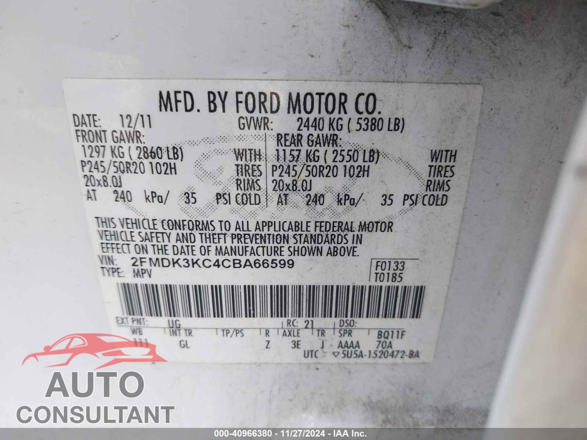FORD EDGE 2012 - 2FMDK3KC4CBA66599