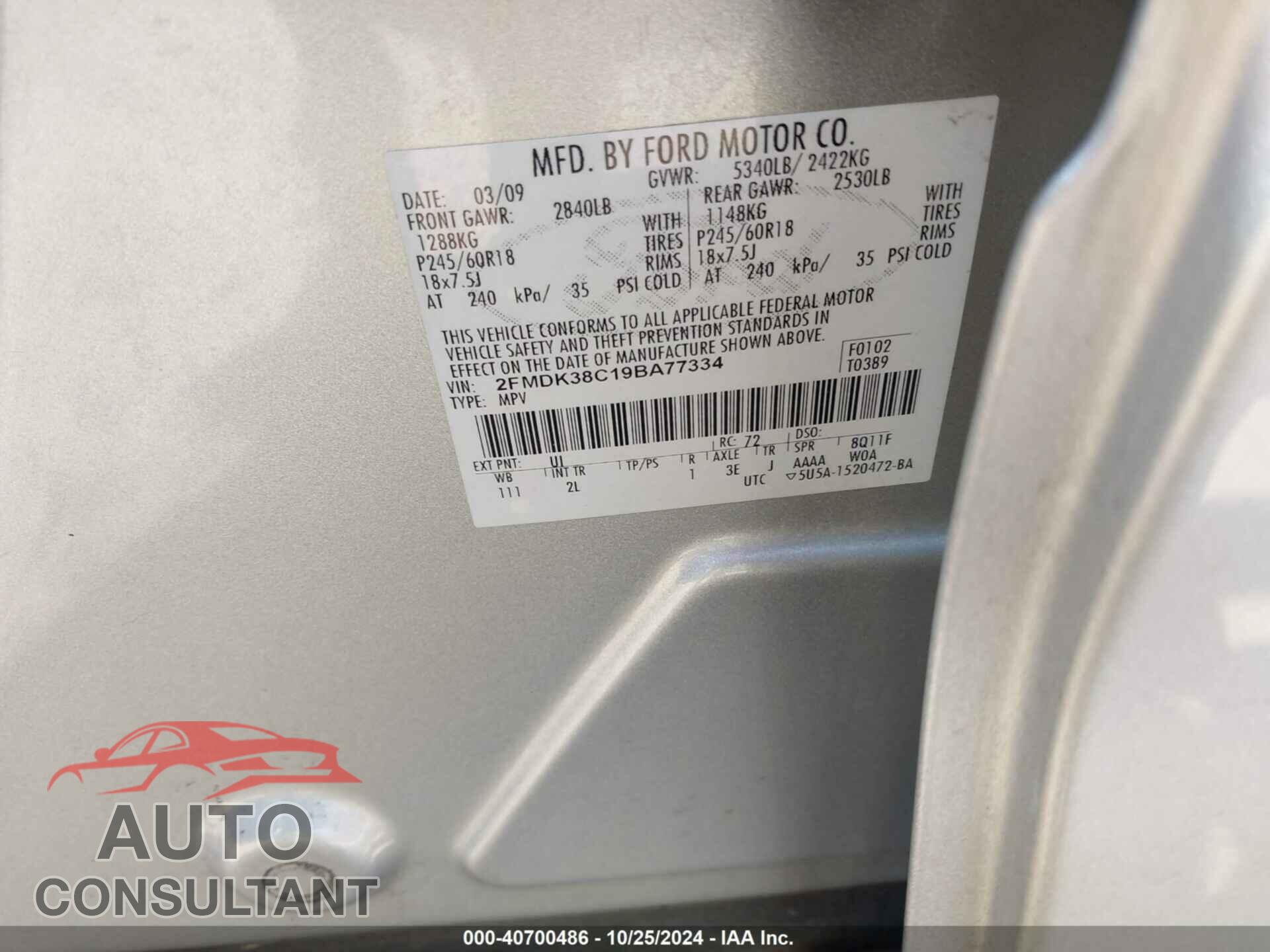 FORD EDGE 2009 - 2FMDK38C19BA77334