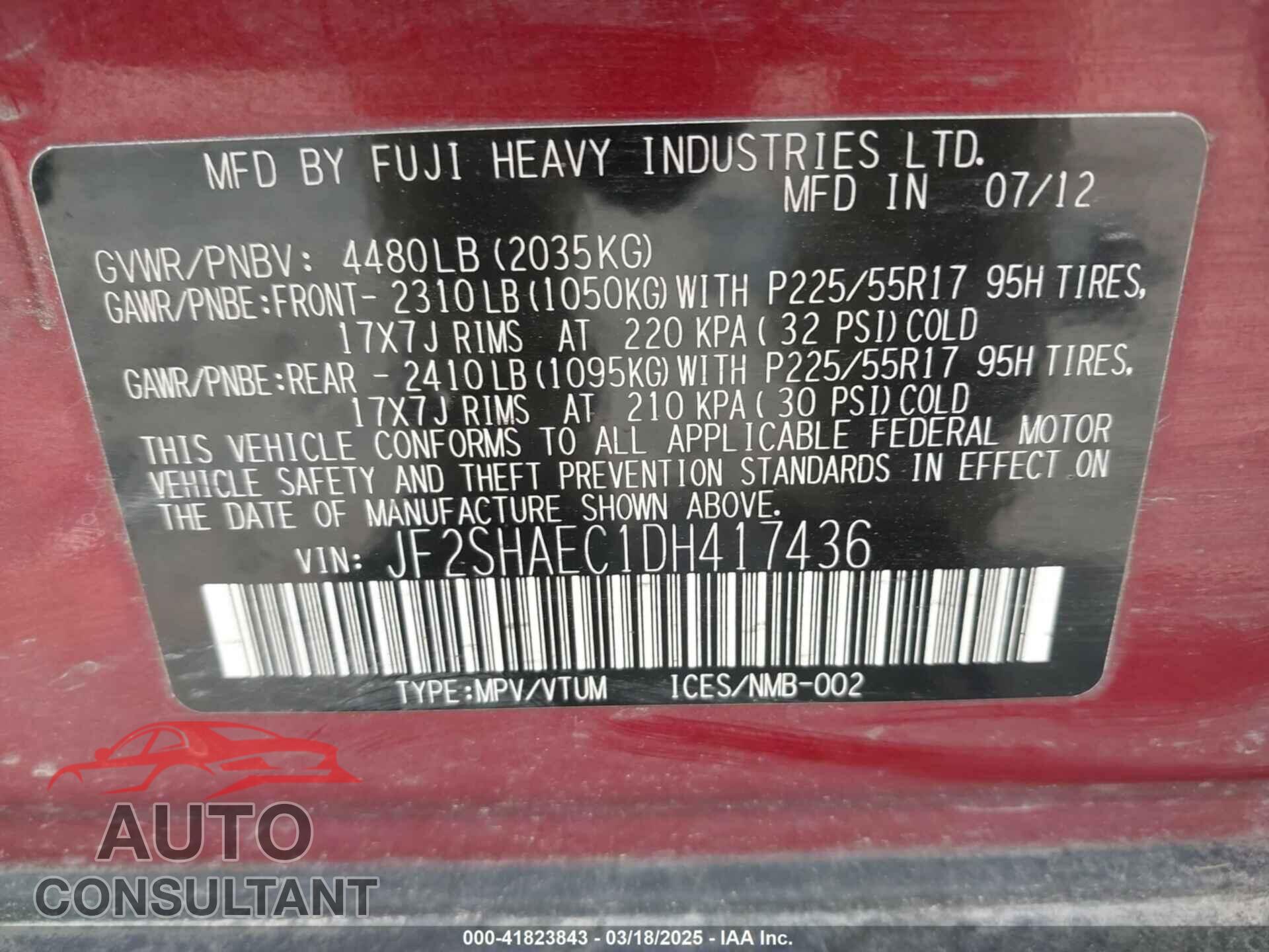 SUBARU FORESTER 2013 - JF2SHAEC1DH417436