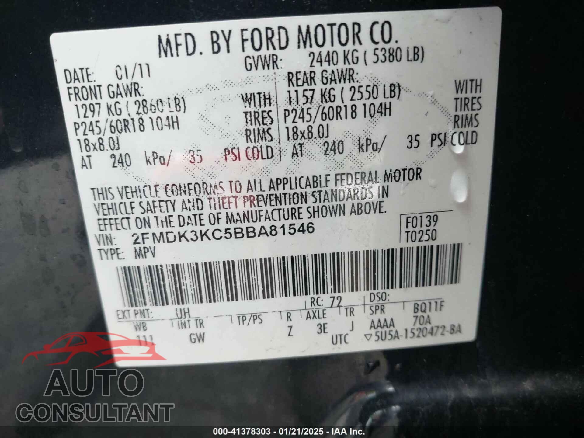 FORD EDGE 2011 - 2FMDK3KC5BBA81546