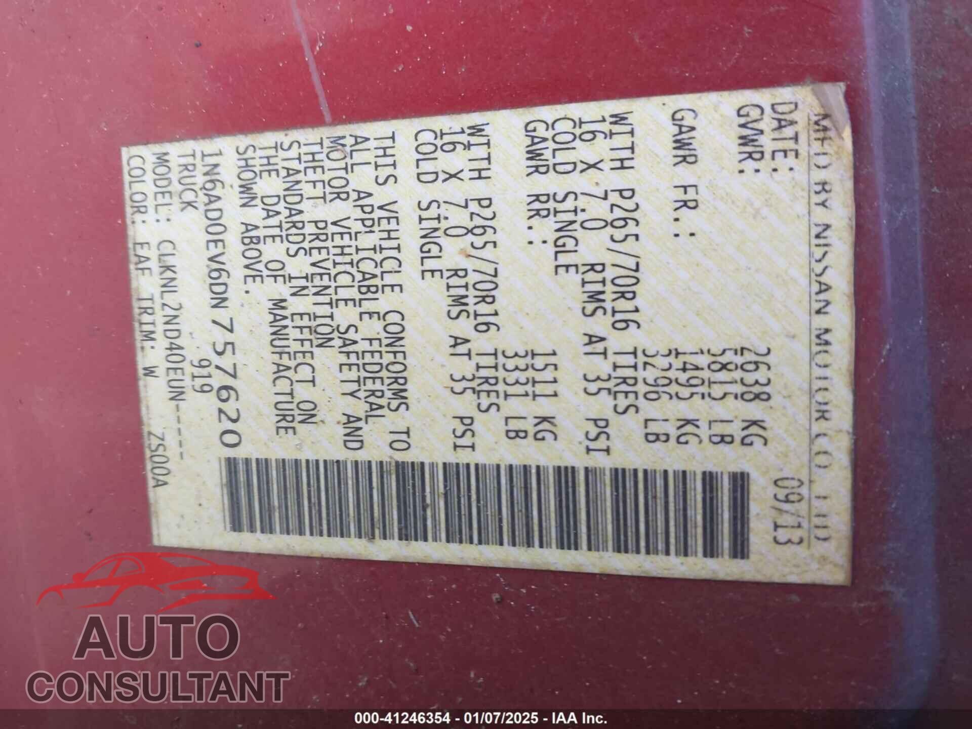 NISSAN FRONTIER 2013 - 1N6AD0EV6DN757620