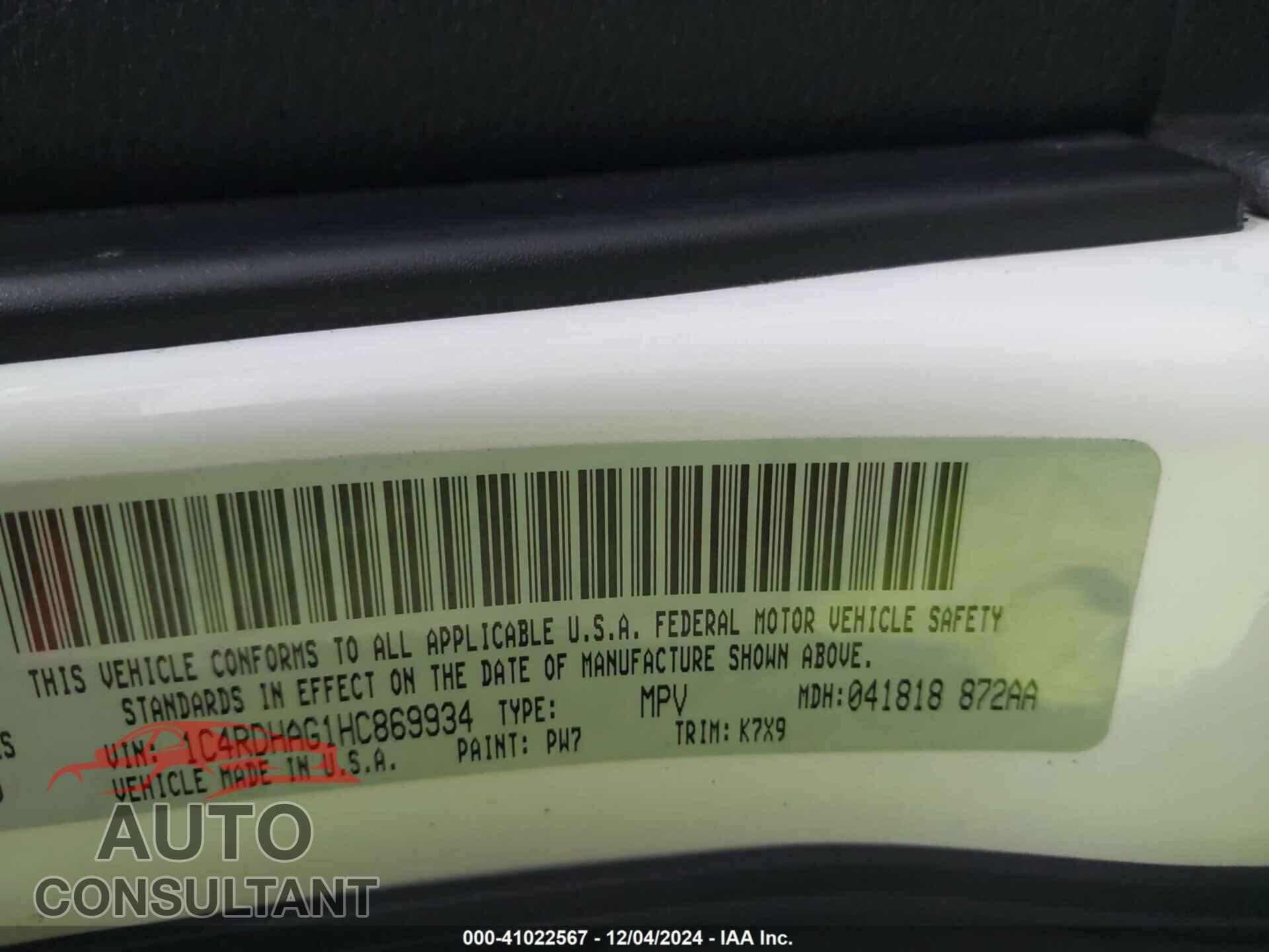 DODGE DURANGO 2017 - 1C4RDHAG1HC869934