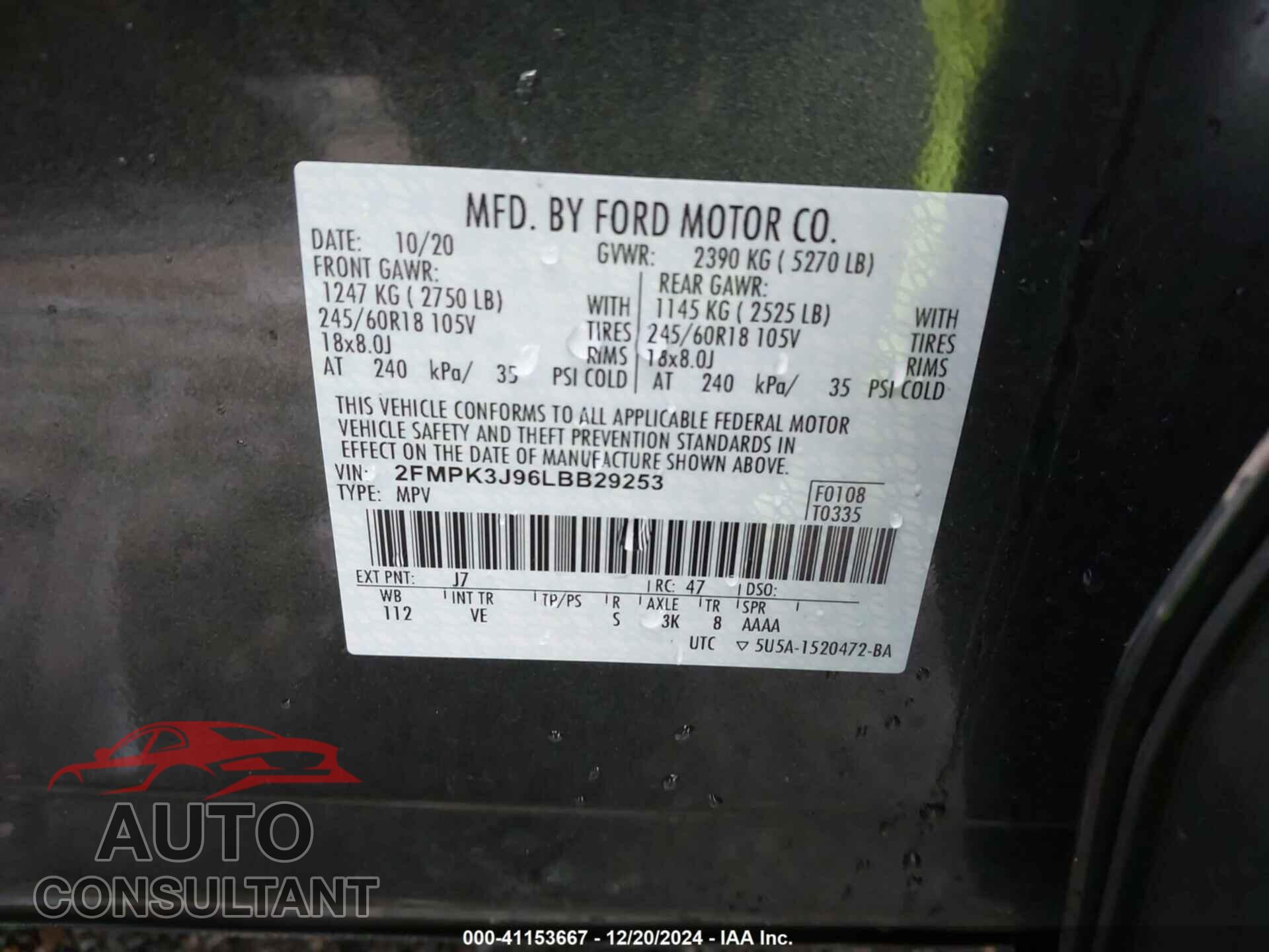 FORD EDGE 2020 - 2FMPK3J96LBB29253