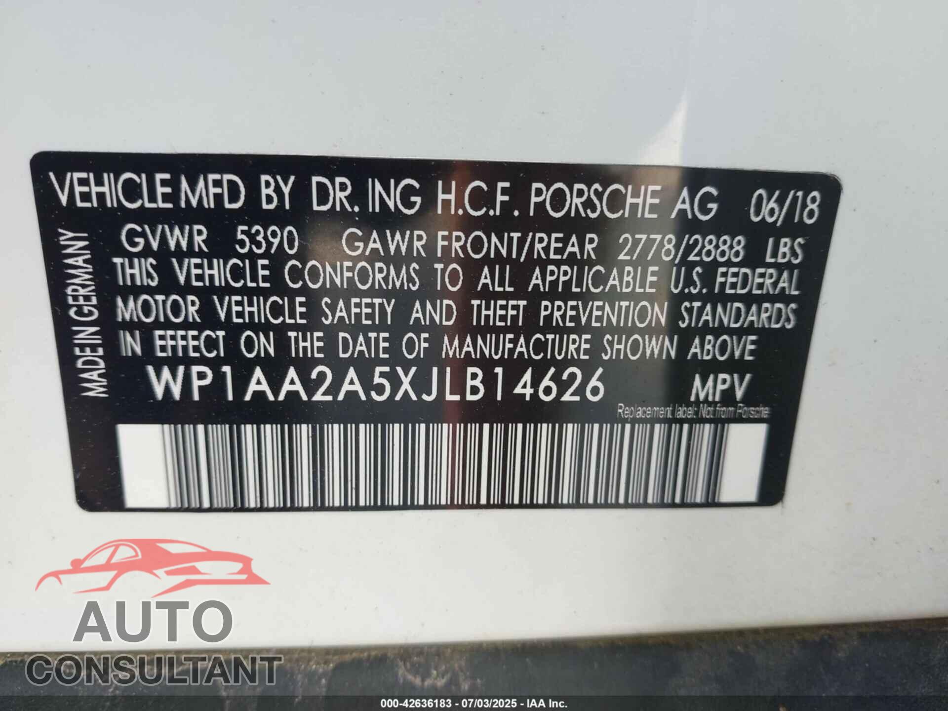 PORSCHE MACAN 2018 - WP1AA2A5XJLB14626