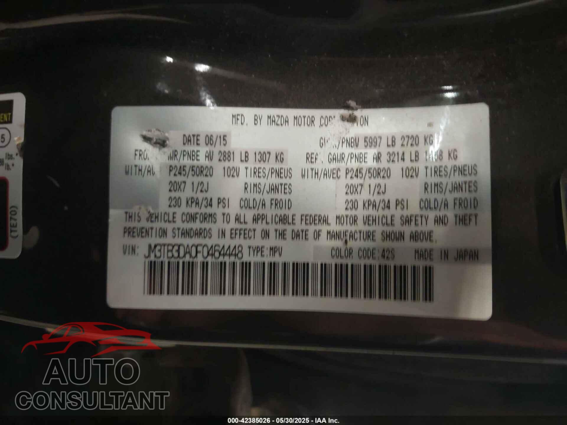 MAZDA CX-9 2015 - JM3TB3DA0F0464448