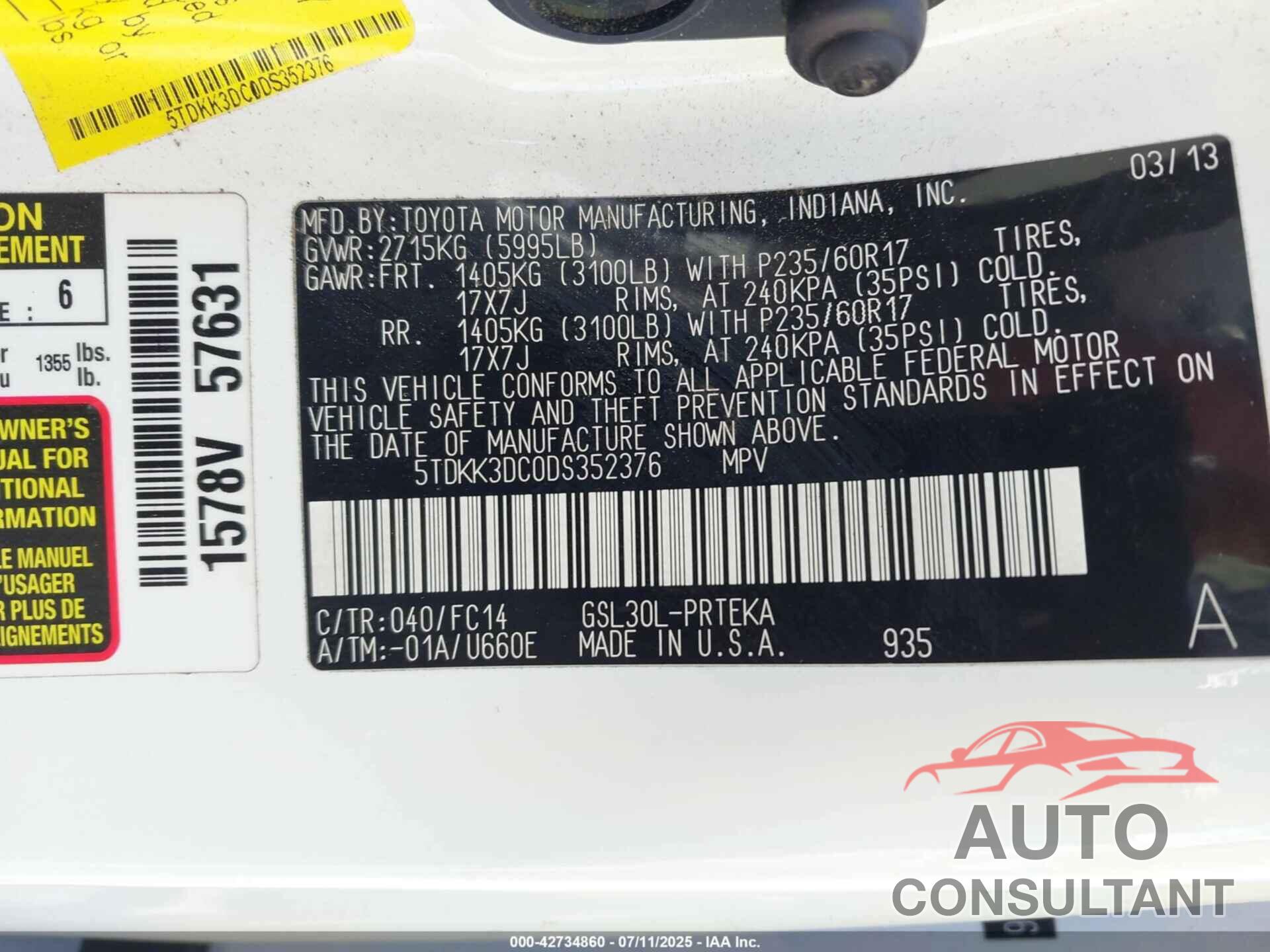 TOYOTA SIENNA 2013 - 5TDKK3DC0DS352376