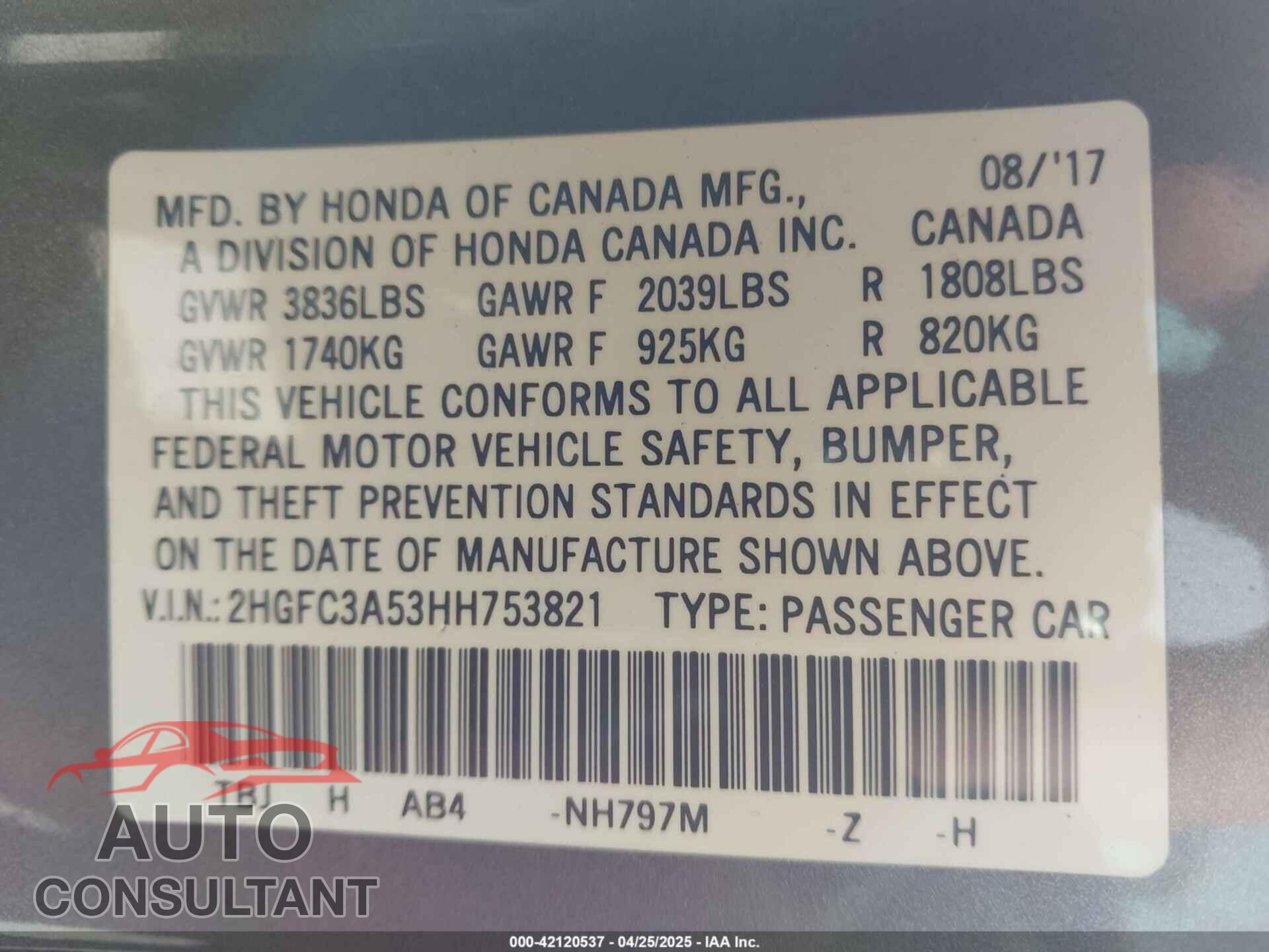 HONDA CIVIC 2017 - 2HGFC3A53HH753821