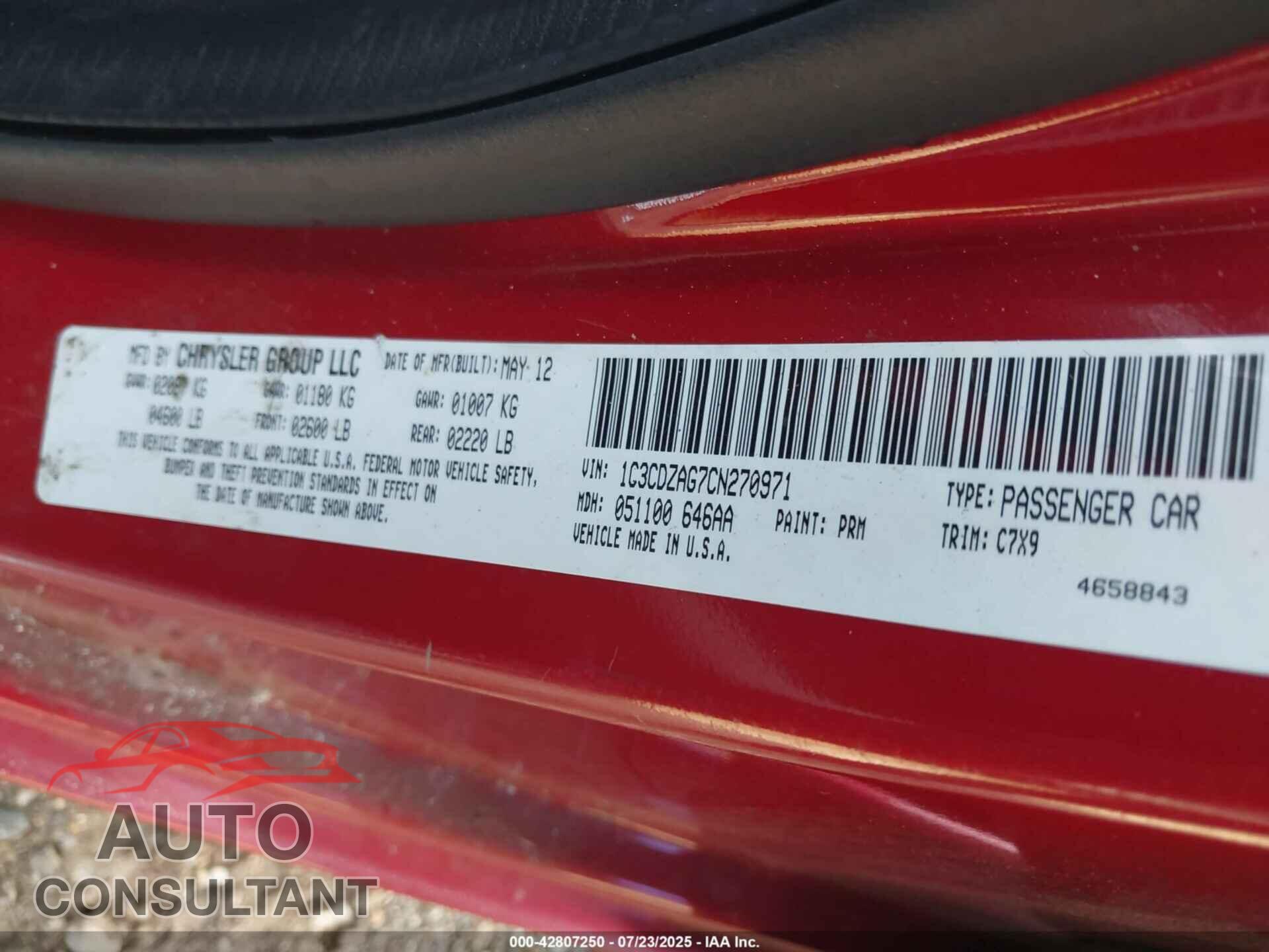 DODGE AVENGER 2012 - 1C3CDZAG7CN270971