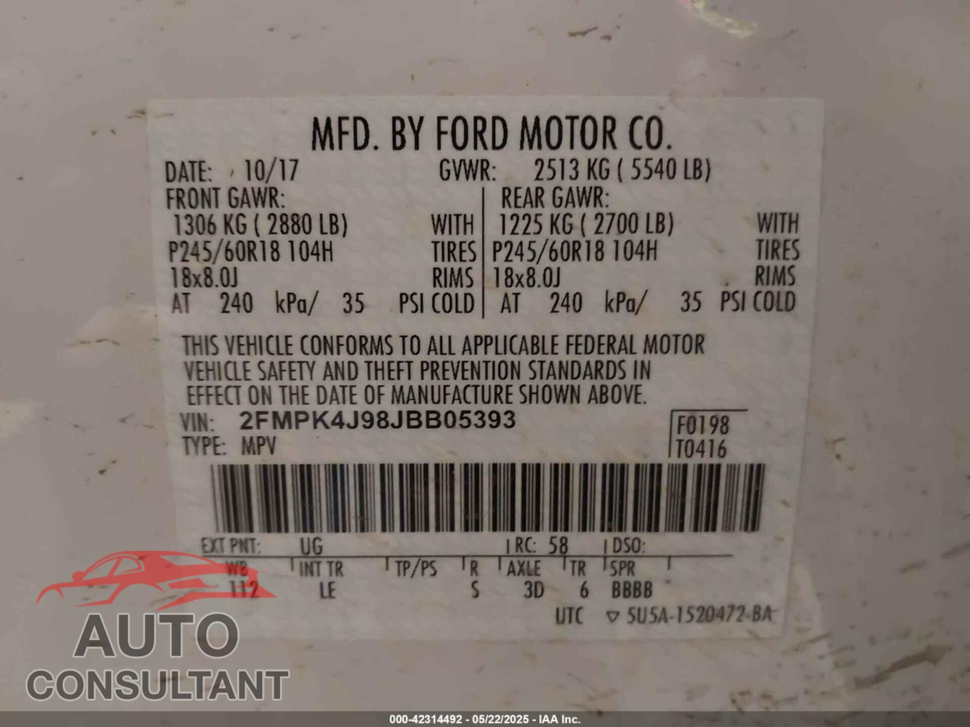 FORD EDGE 2018 - 2FMPK4J98JBB05393